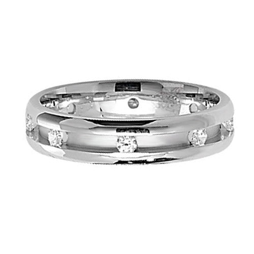 The STERLING SILVER 5MM SATIN/POLISHED FINISH 8 STONE CUBIC ZIRCONIA WEDDING BAND features eight round CZ stones evenly set around the entire band.