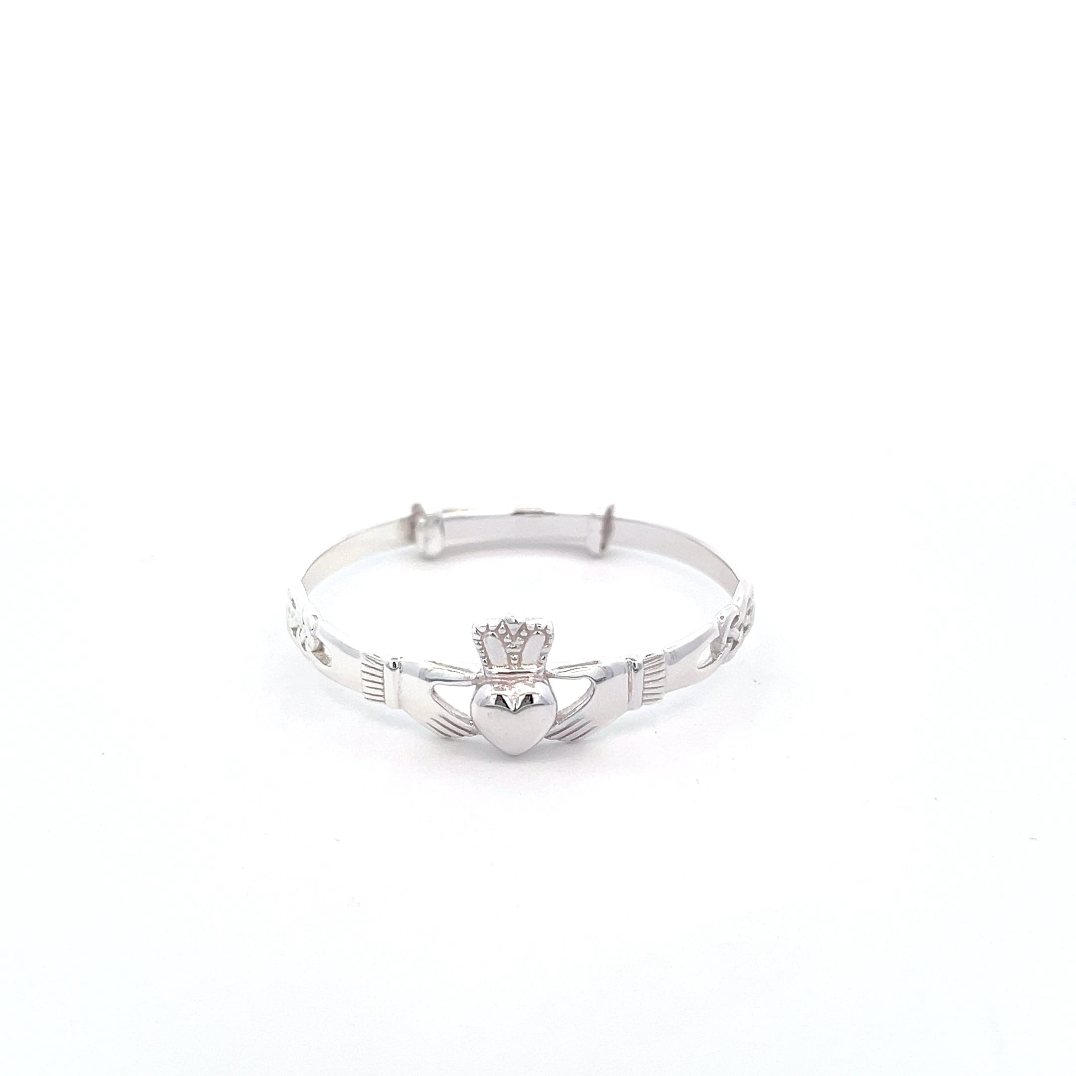 Silver claddagh bracelet on a white background