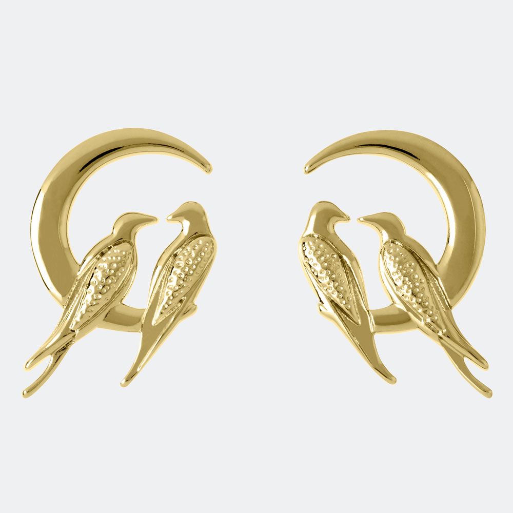 The Sara Millar MoonLight Love Birds Stud Earrings SAJ1000 feature two birds on a crescent moon, crafted with an 18ct gold plated finish and shown against a plain light background.