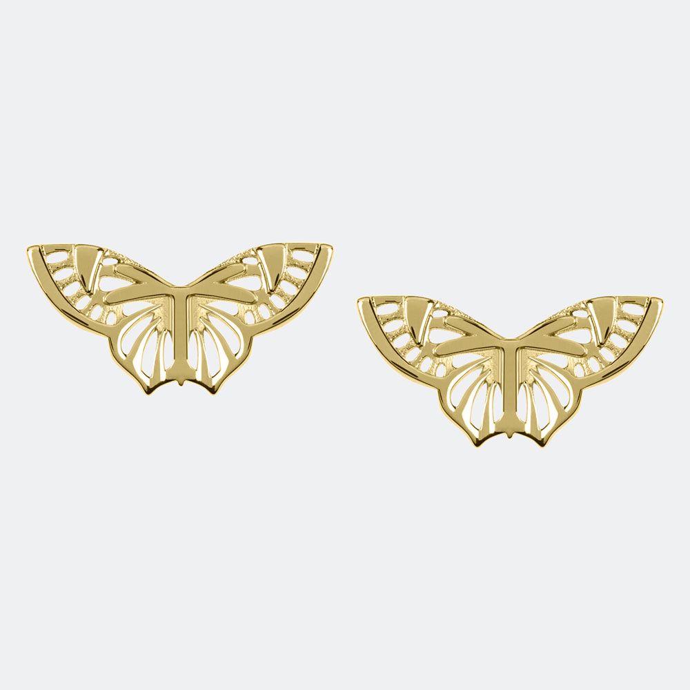 The Sara Millar Kew ButterFly Stud Earrings SAJ1004 feature intricate cut-out wing designs, crafted as 18ct gold plated studs from the Kew Collection and photographed on a plain light background.