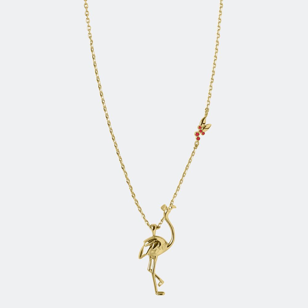 The Sara Millar Piccadilly Flamingo Necklace SAJ2006 features a flamingo-shaped pendant with a red berry detail on the chain and radiant 18ct gold plating, set against a plain light background.