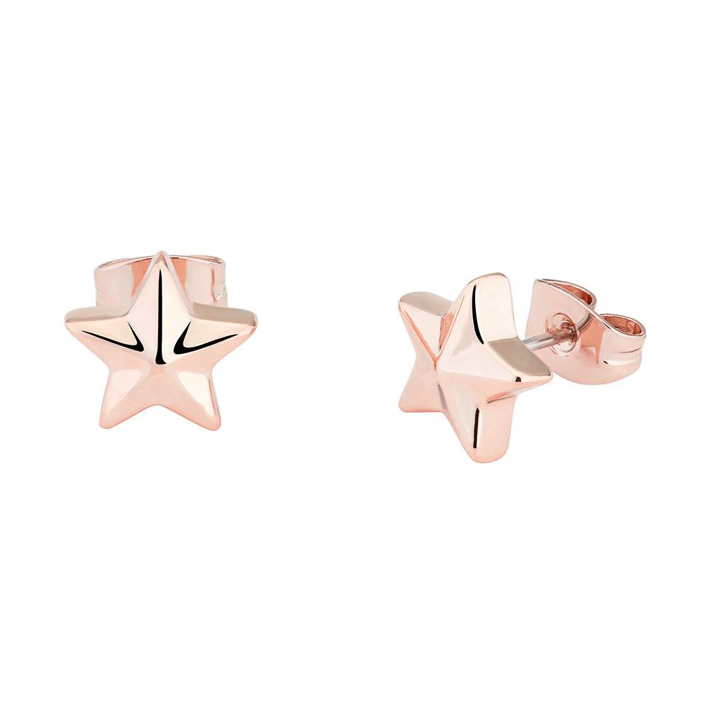The TED BAKER Shaylaa Rose Gold Finish Shooting Star Stud Earrings (TBJ1967-24-03) feature a chic star-shaped design, elegantly displayed on a white background.