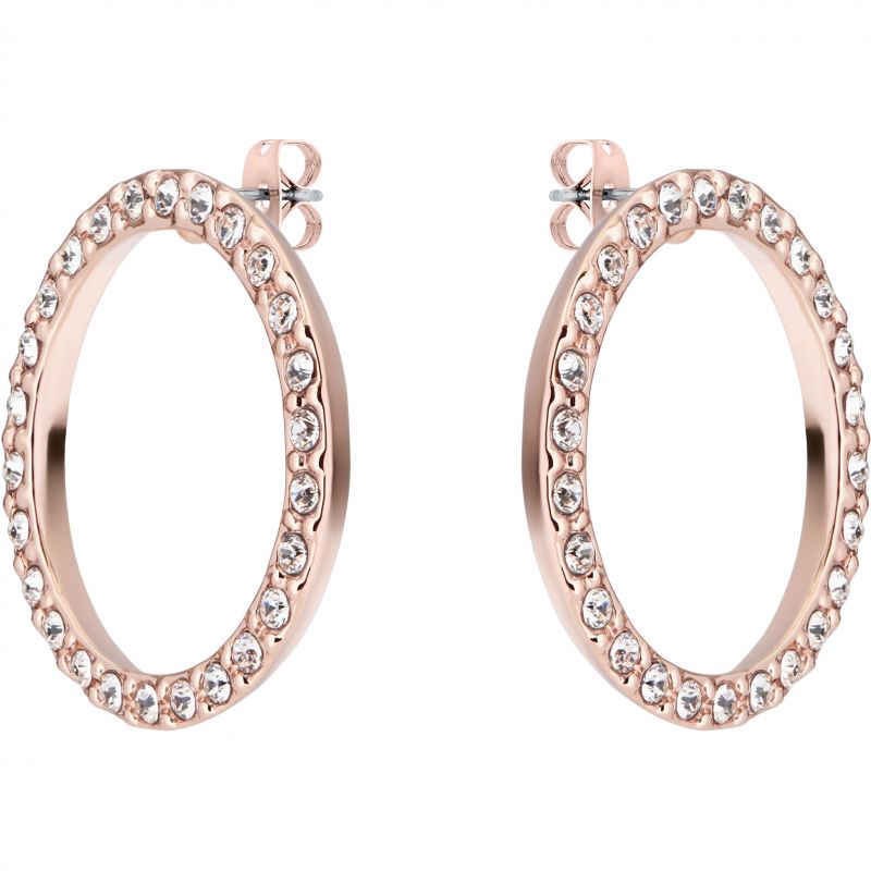 The TED BAKER Rose Gold Finish Leeiza Luunar Pave Circle Earrings (TBJ2107-24-02) feature a chic hoop design embellished with clear, sparkling crystals along the outer edge.