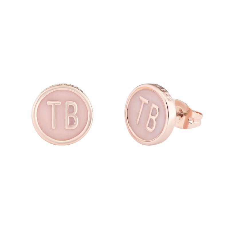 Ted Baker Dollsa Dolly Pink Enamel Logo Round Rose Gold Tone Stud Earrings (TBJ2461-24-134) feature pale pink enamel and embossed gold-tone "TB" lettering.