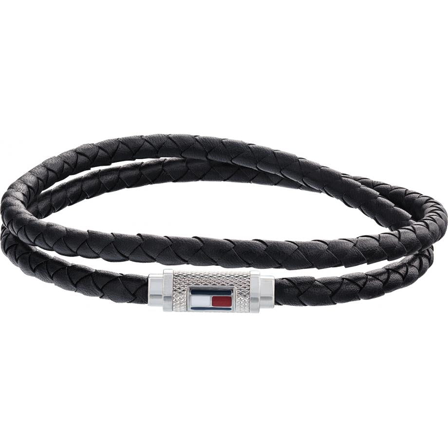 The Tommy Hilfiger Gents Double Row Leather Rope Bracelet 2790011 features black braided leather strands and a silver clasp with signature red, white, and blue accents for a sleek look.