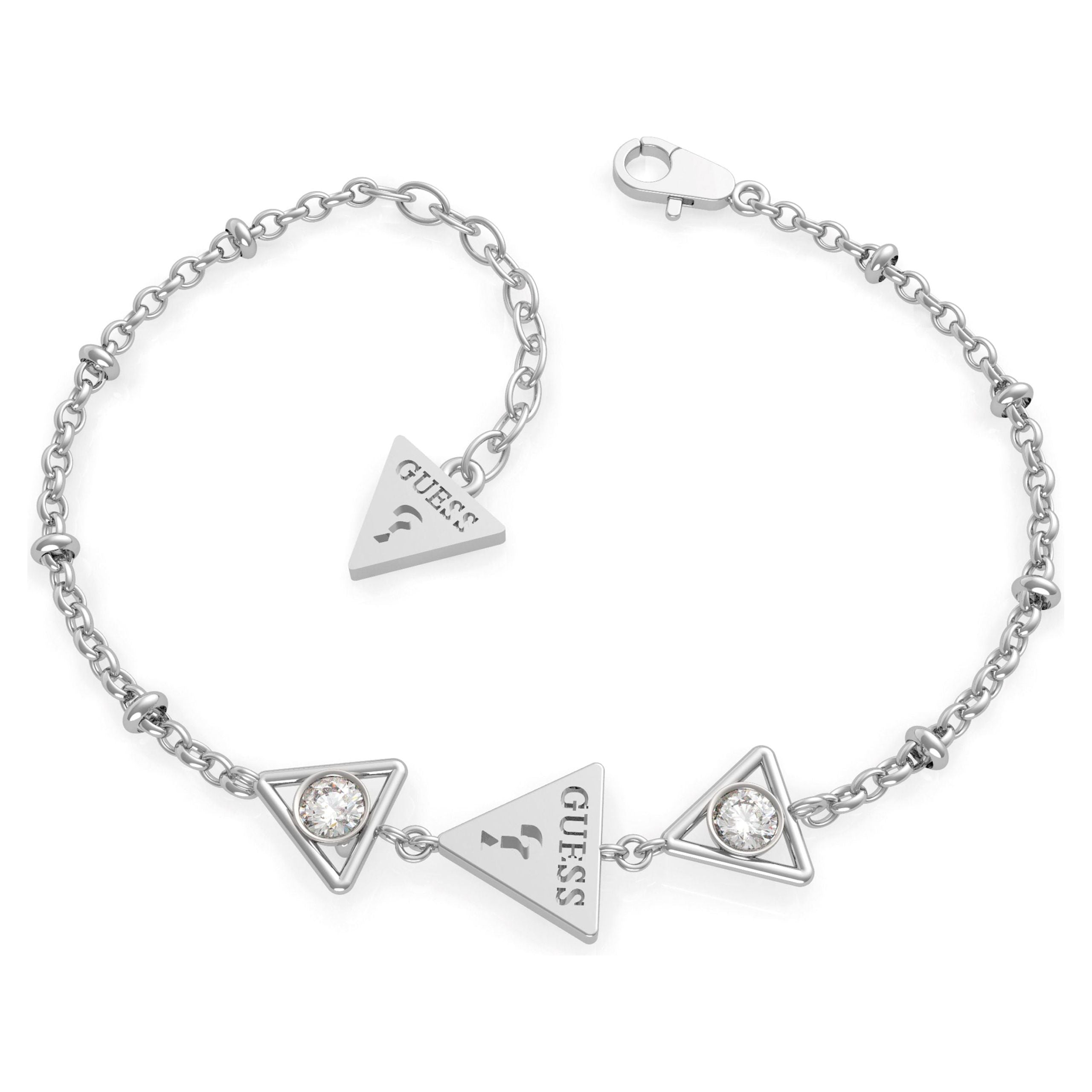 The Guess UBB79015-L Ladies Silver Tone Queen Of Heart Bracelet features three triangular charms, two with Swarovski crystals and one engraved with "GUESS" and a question mark symbol.