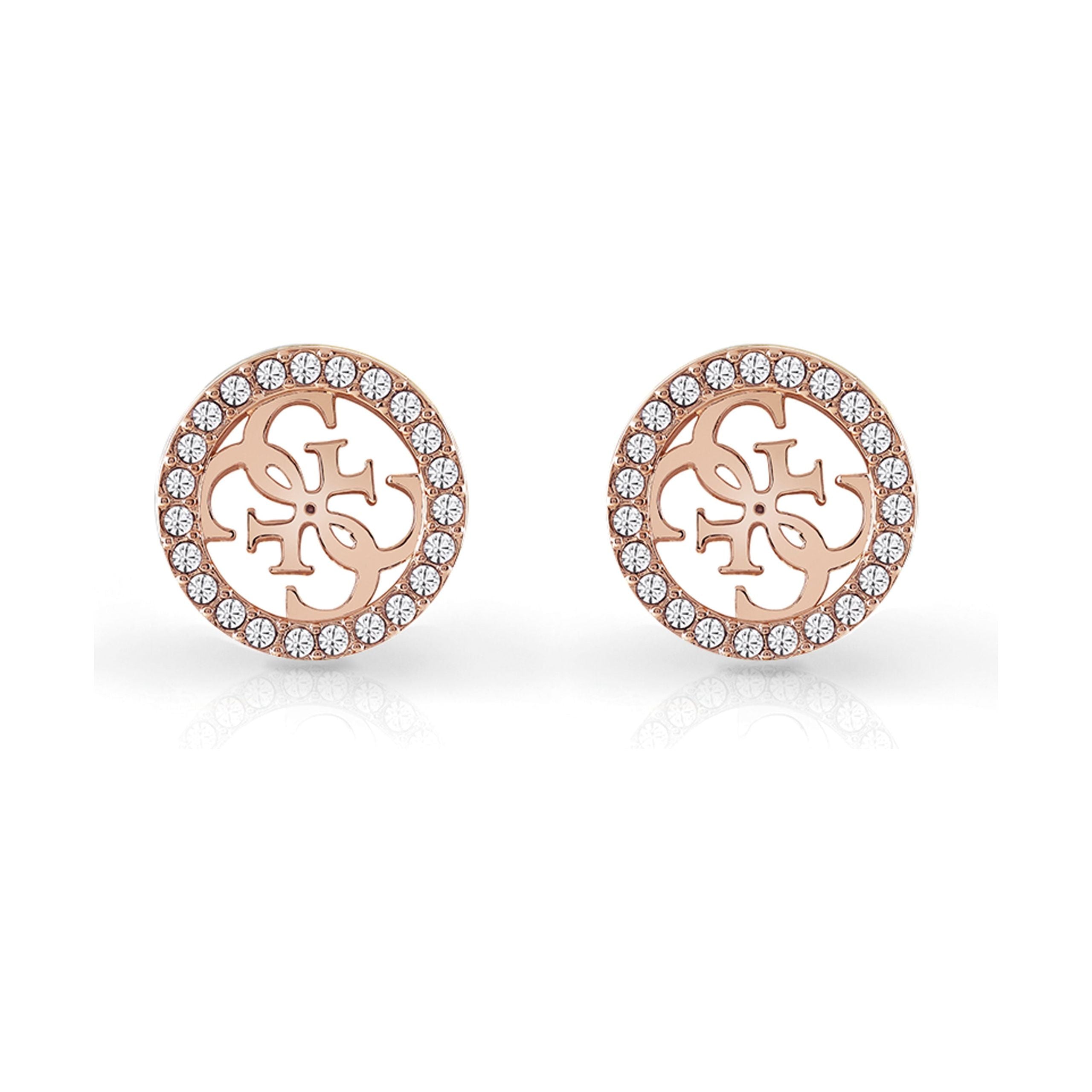 The GUESS JEWELLERY TROPICAL SUN Rose Gold Pave 4G Logo Studs (UBE78006) feature round stud earrings with a cut-out 4G logo center and a border of sparkling Swarovski crystals.