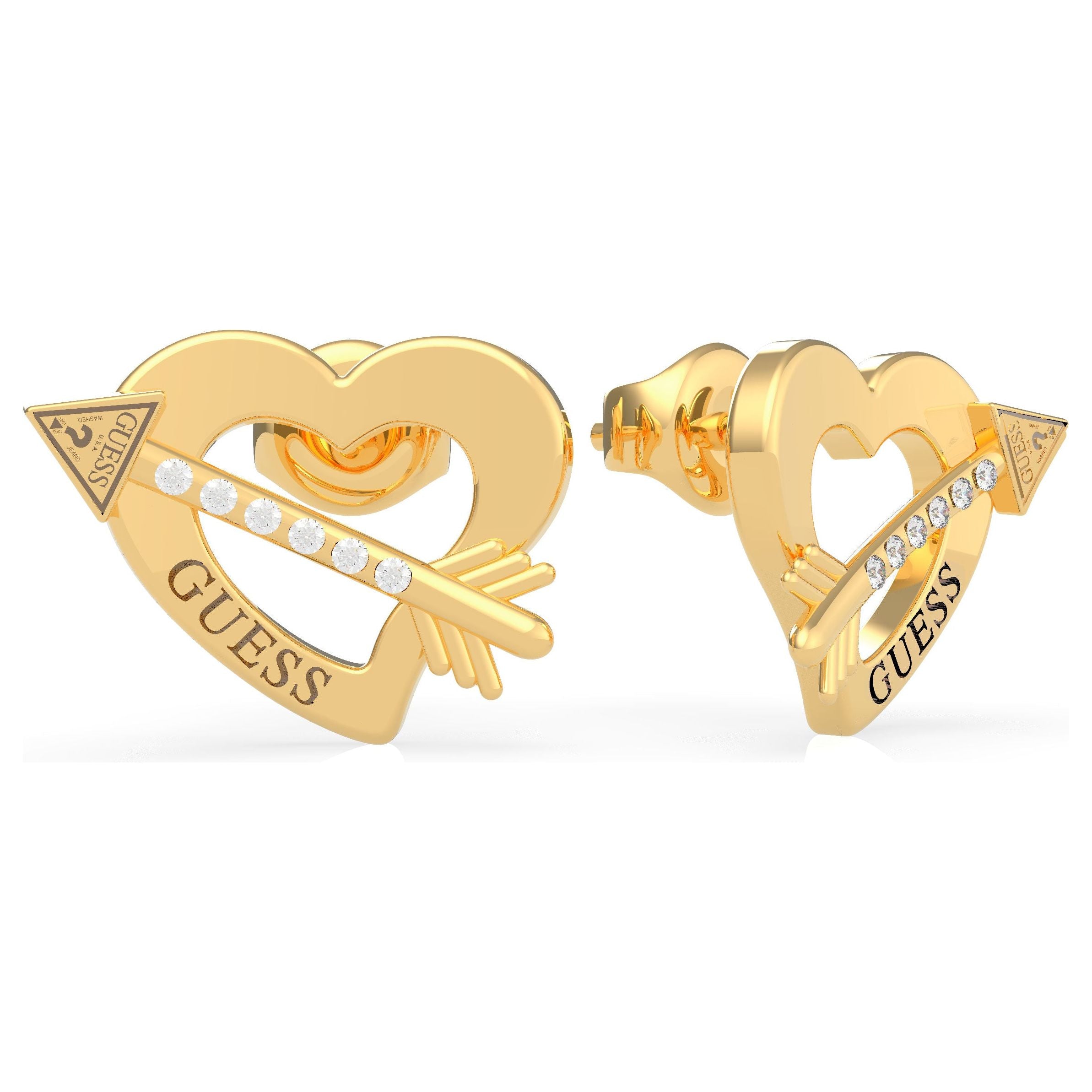 Guess UBE79122 Ladies Gold Tone Across My Heart Stud Earrings feature heart studs with an arrow and sparkling crystals, plus the signature "GUESS" logo—perfect for adding a chic touch to any accessories collection.