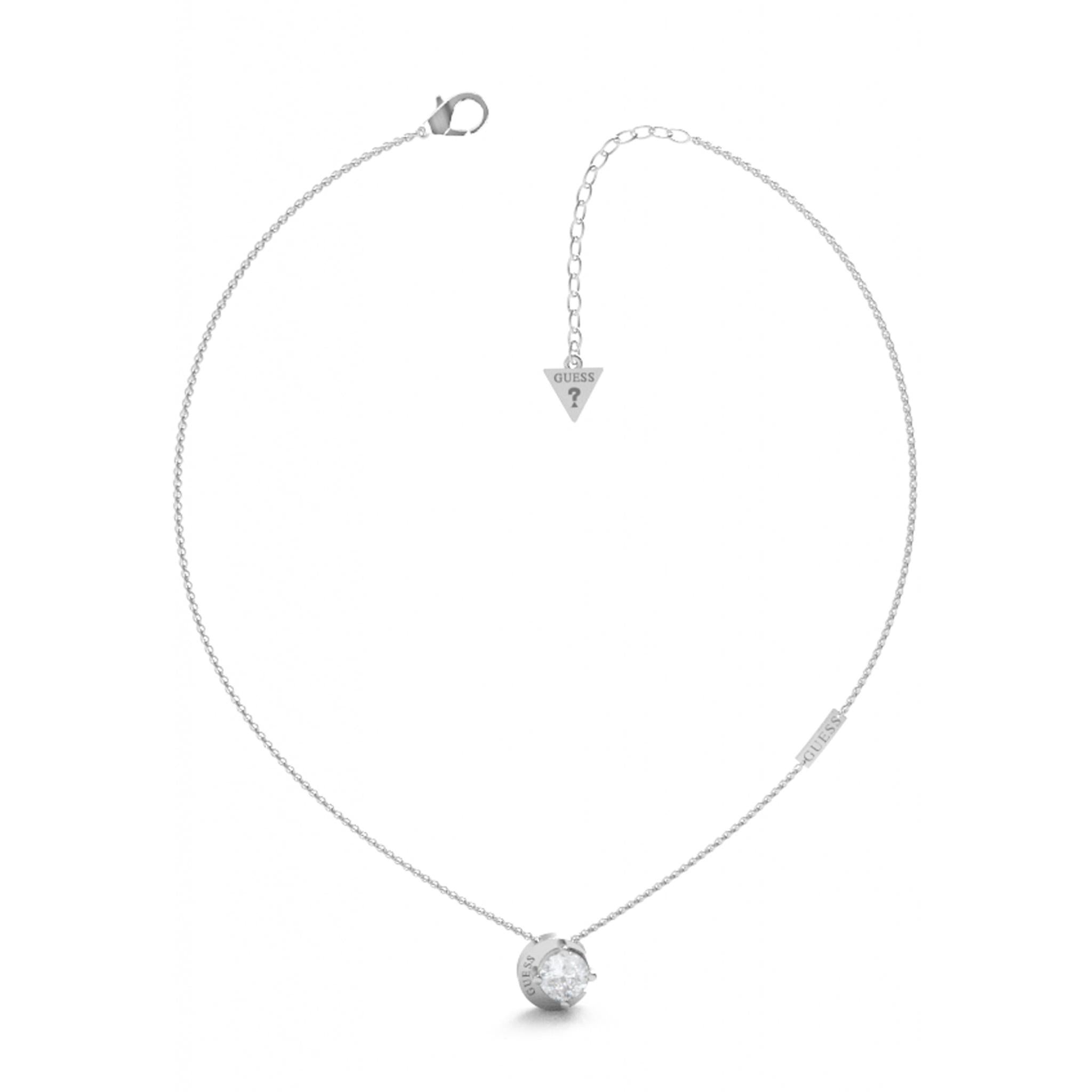 The Guess Jewellery Ladies Silver Tone Moon Phases Necklace UBN01190RH features a round clear pendant, a triangular tag on the adjustable clasp, and signature style inspired by Guess Jewellery.