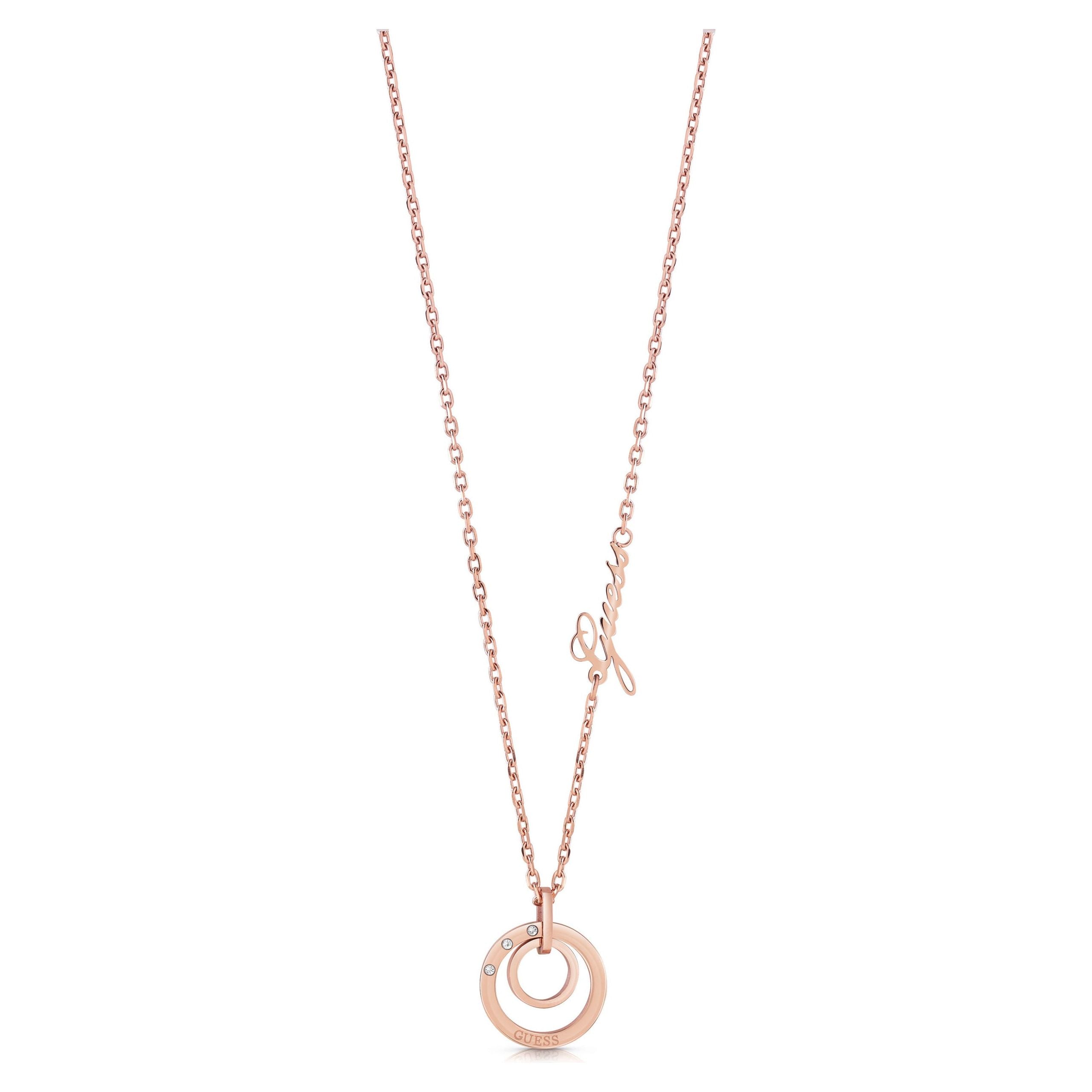 The Guess UBN29036 Rose Gold Tone Ladies Eternal Circles Necklace features a circular charm with Swarovski crystals and a cursive script, offering an elegant touch to any outfit.
