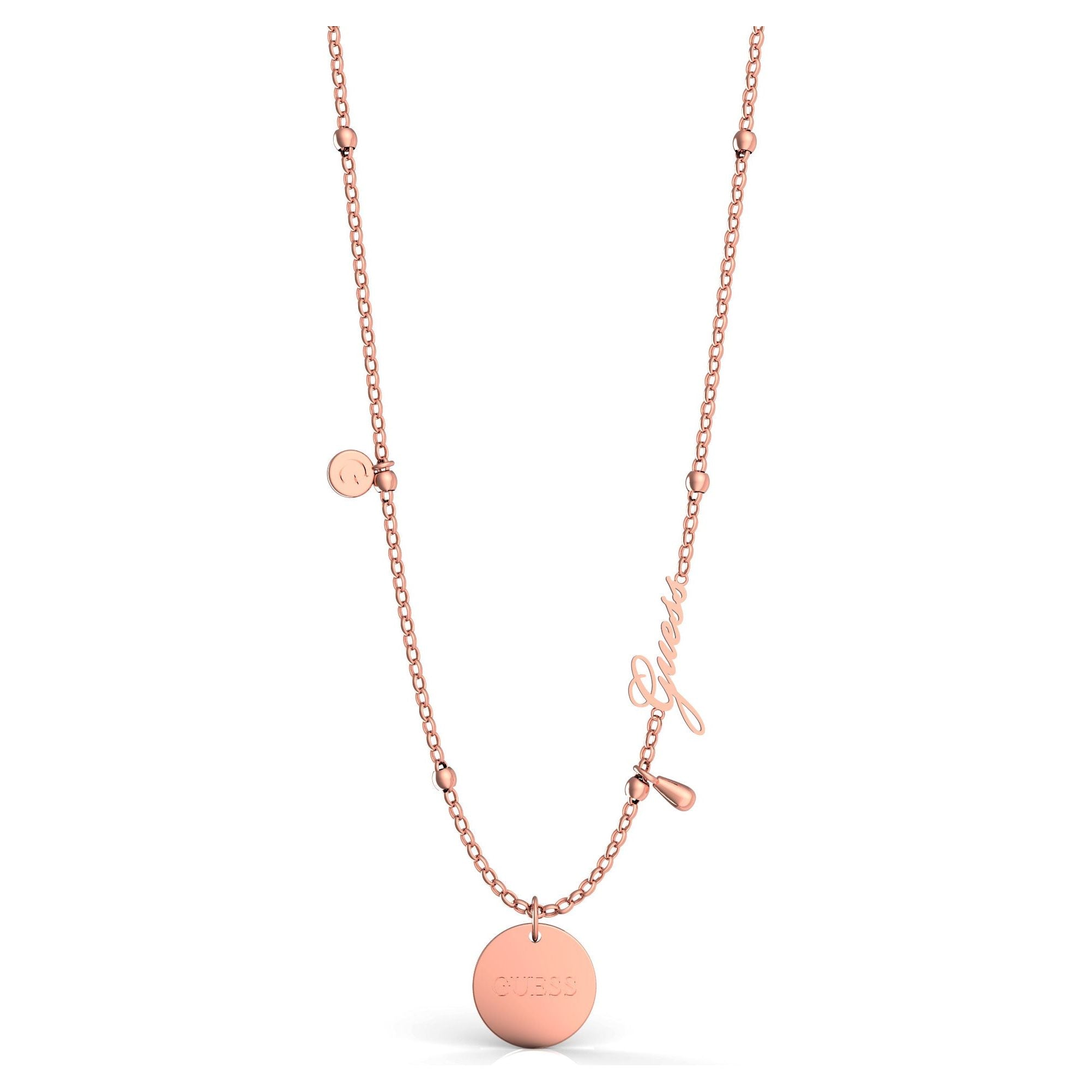 The Guess Peony Art Rose Gold Tone Charm Necklace UBN29103 features layered chains, a "GUESS" engraved disc pendant, and decorative charms, offering a chic accessory to complement any style.