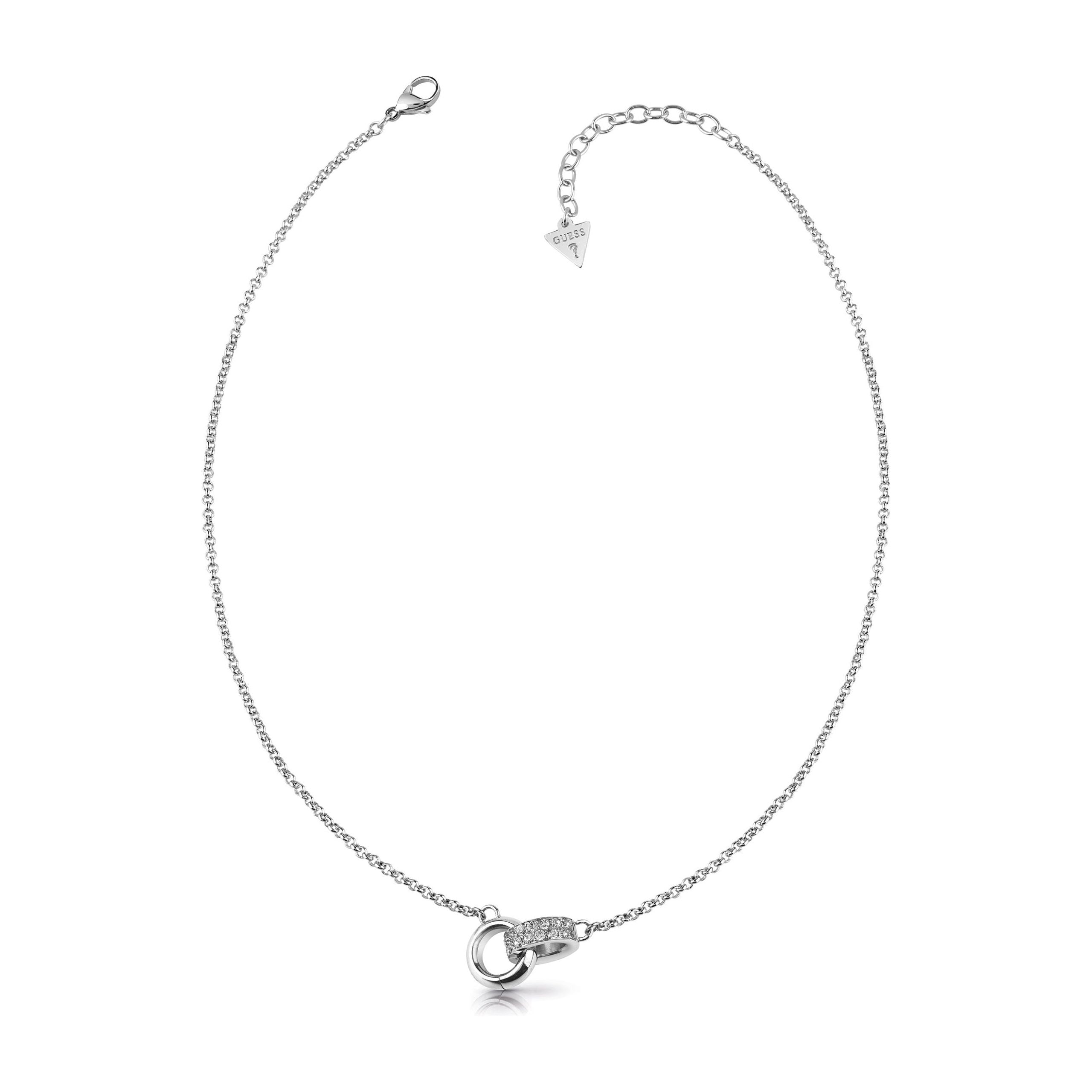 The Guess Jewellery Embrace Swarovski Crystal Link Necklace UBN78055 features a delicate silver chain with an adjustable triangular tag, small round clasp, and an elegant interlocking link pendant adorned with Swarovski crystals.