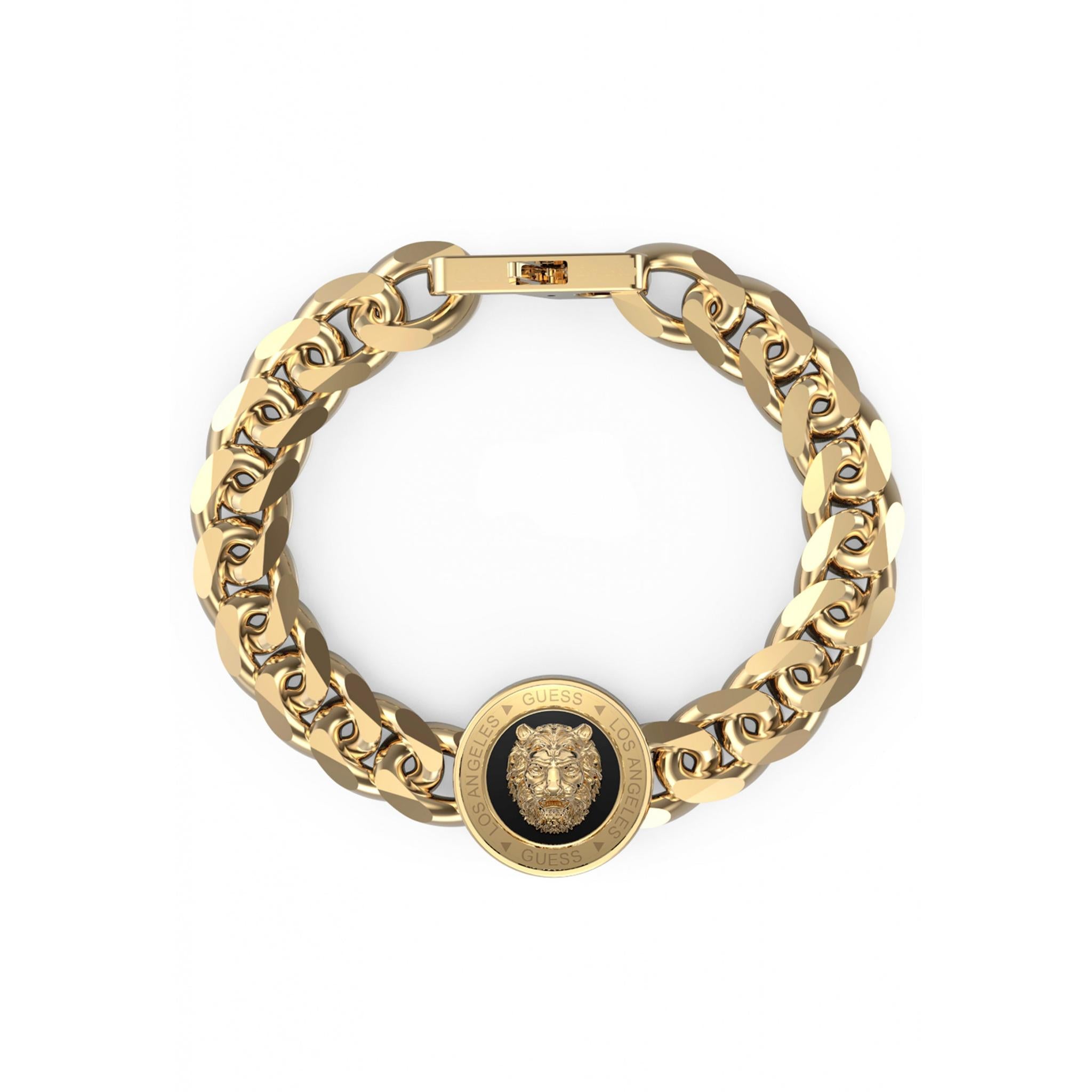 The GUESS JEWELLERY UMB01314YG Gents Lion Gold Tone Stainless Steel Curb Bracelet features a lion head medallion and "GUESS" branding, shown on a white background—a bold statement piece.