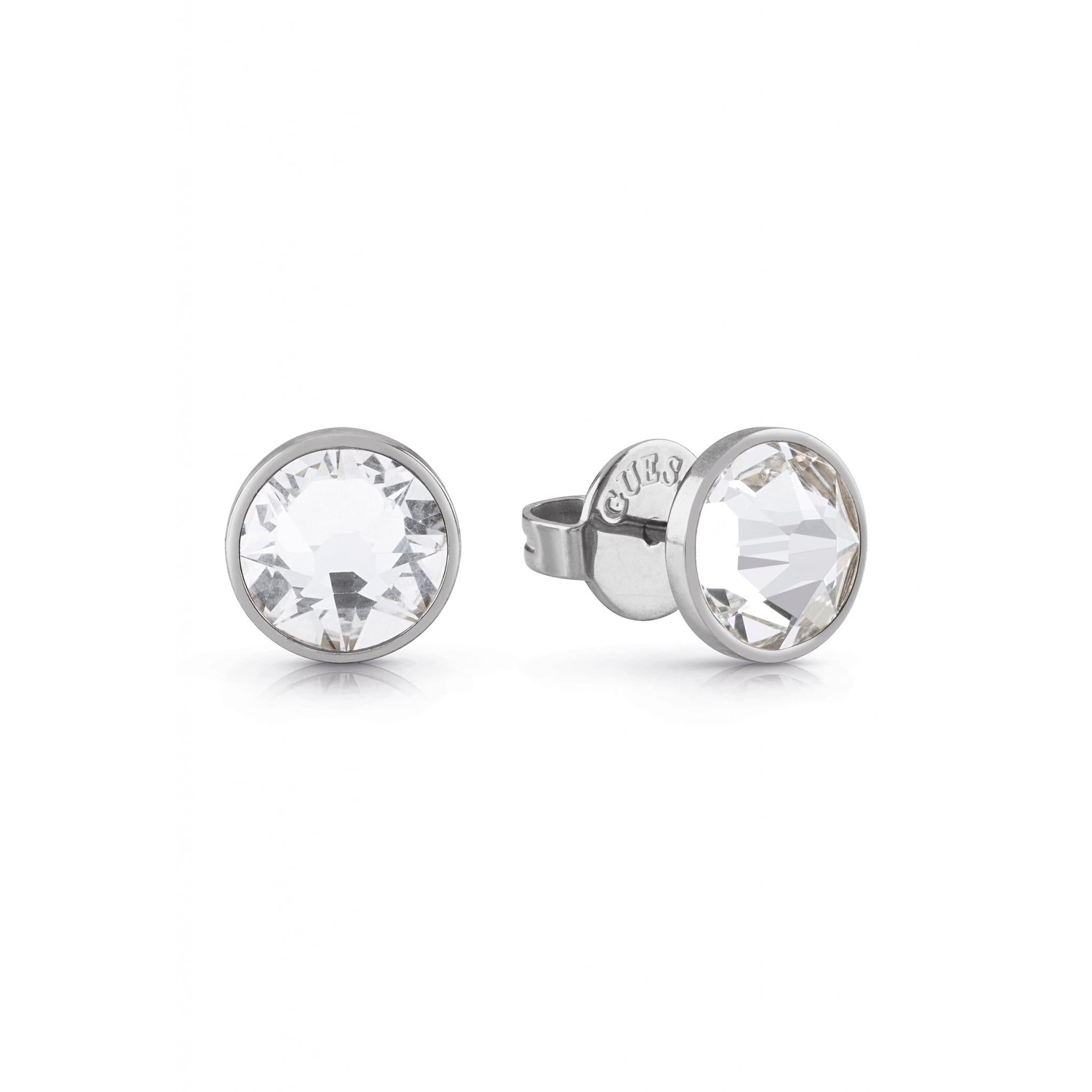 GUESS JEWELLERY UME01343ST Frontiers silver tone round crystal stud earrings for men with clear crystals and butterfly backings, shown on a white background.