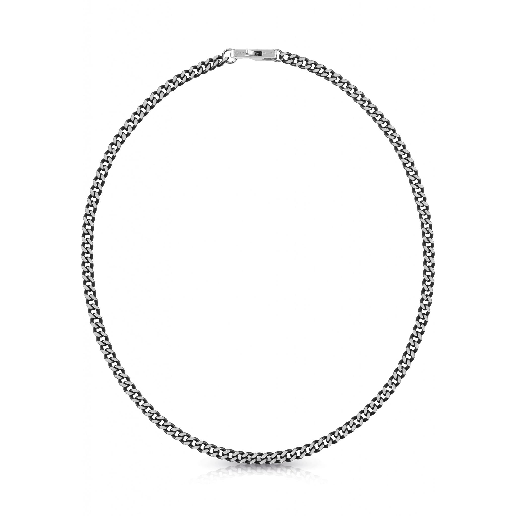 The GUESS JEWELLERY UMN01381STBK Gents Ayia Napa Black TONE 21 inch curb necklace with a flat link design is shown against a white background.