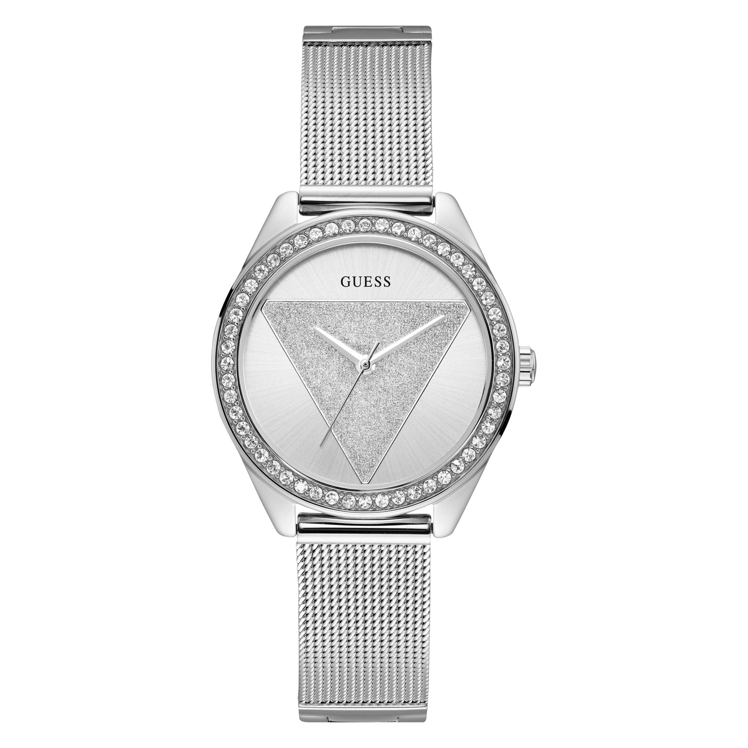 The GUESS Ladies Silver Tone Tri Glitz Bracelet Watch W1142L1 features a mesh band, crystal-studded bezel, and textured triangle dial—an elegant accessory for any occasion.