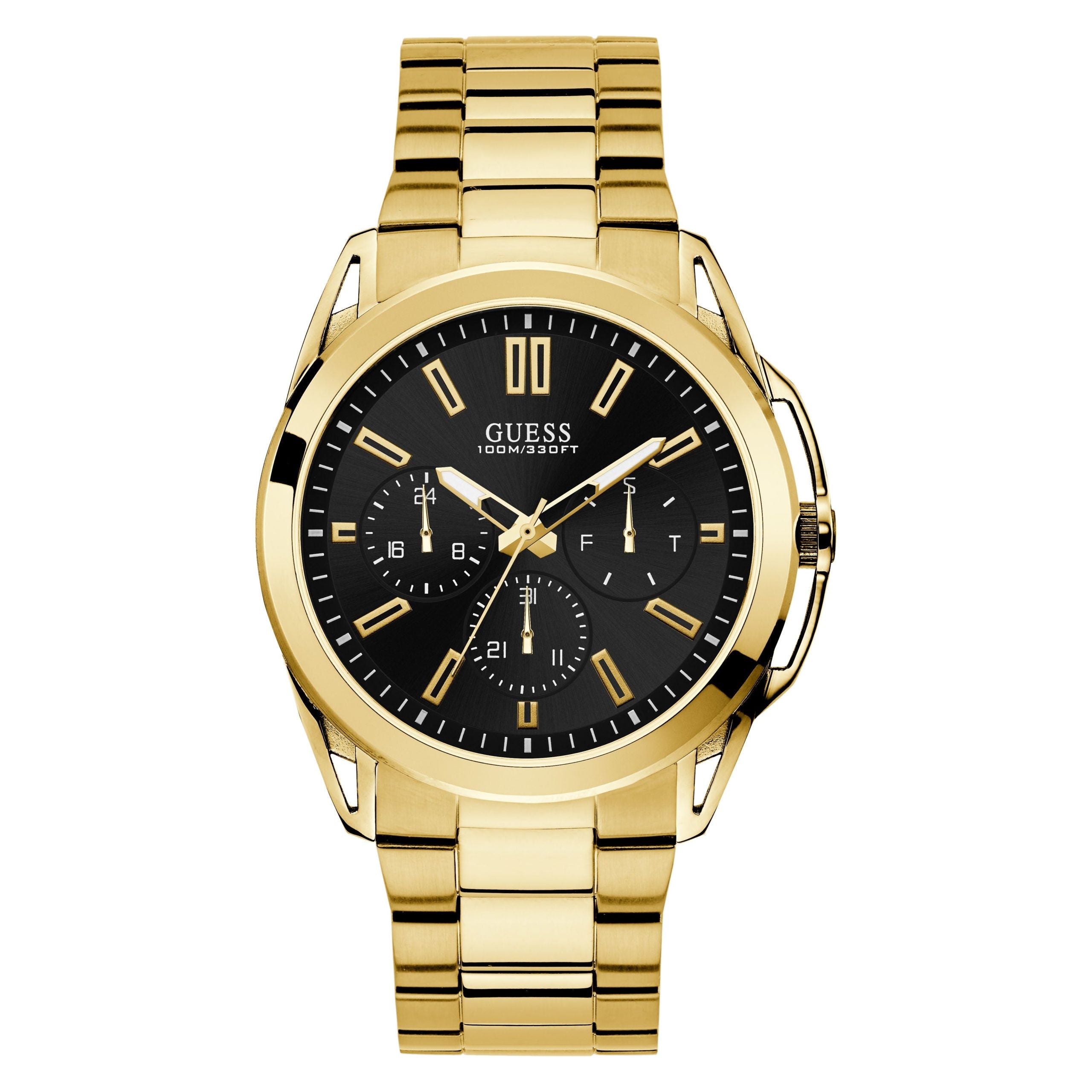 The Guess Mens Vertex Gold Tone Watch W1176G3 features a gold tone stainless steel case, black dial with three subdials, linked metal band, water resistance, and displays time, date, and day.
