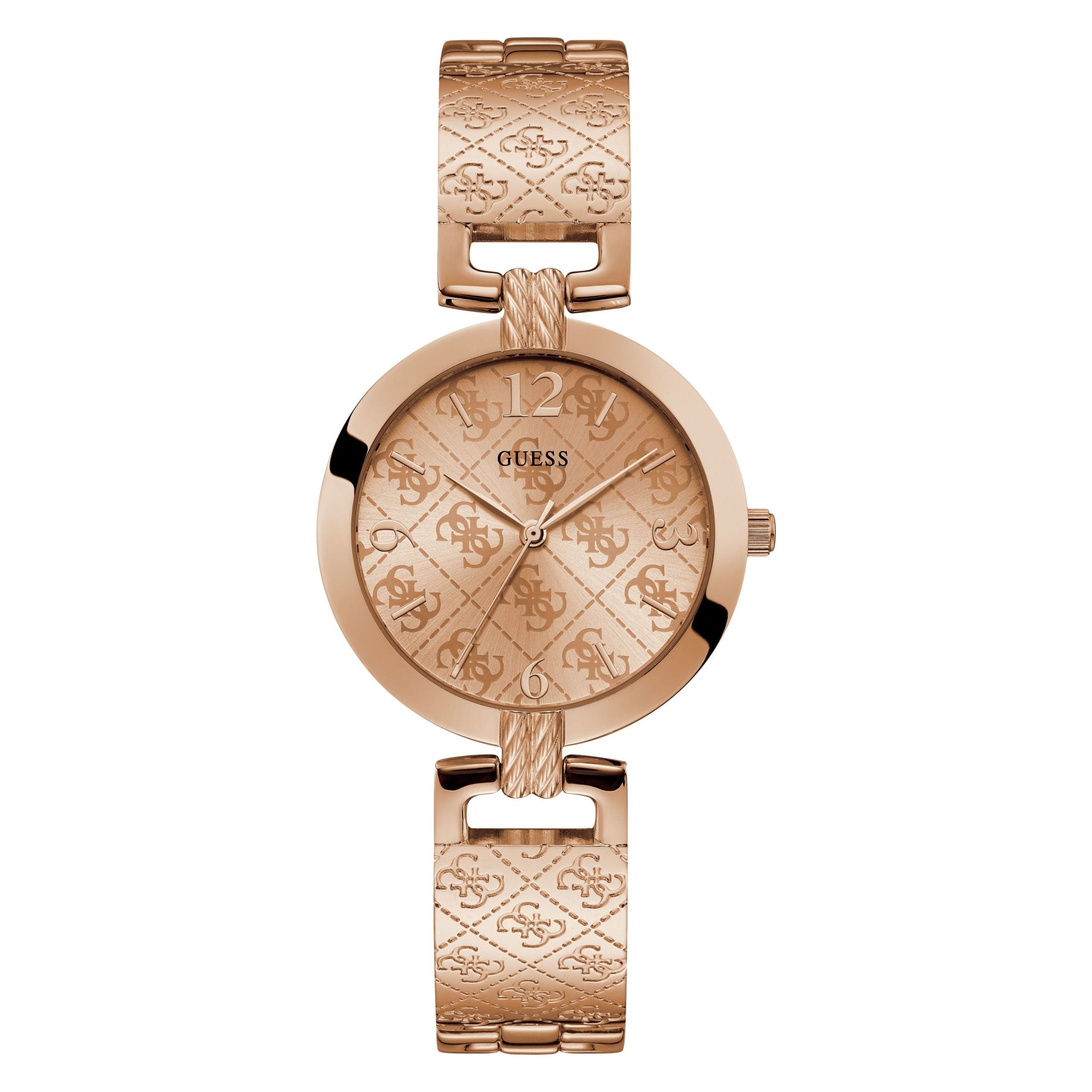 The Guess W1228L2 Women's G Luxe Rose Gold Tone watch features a signature dial, patterned face and band with the Guess logo, plus decorative motifs.