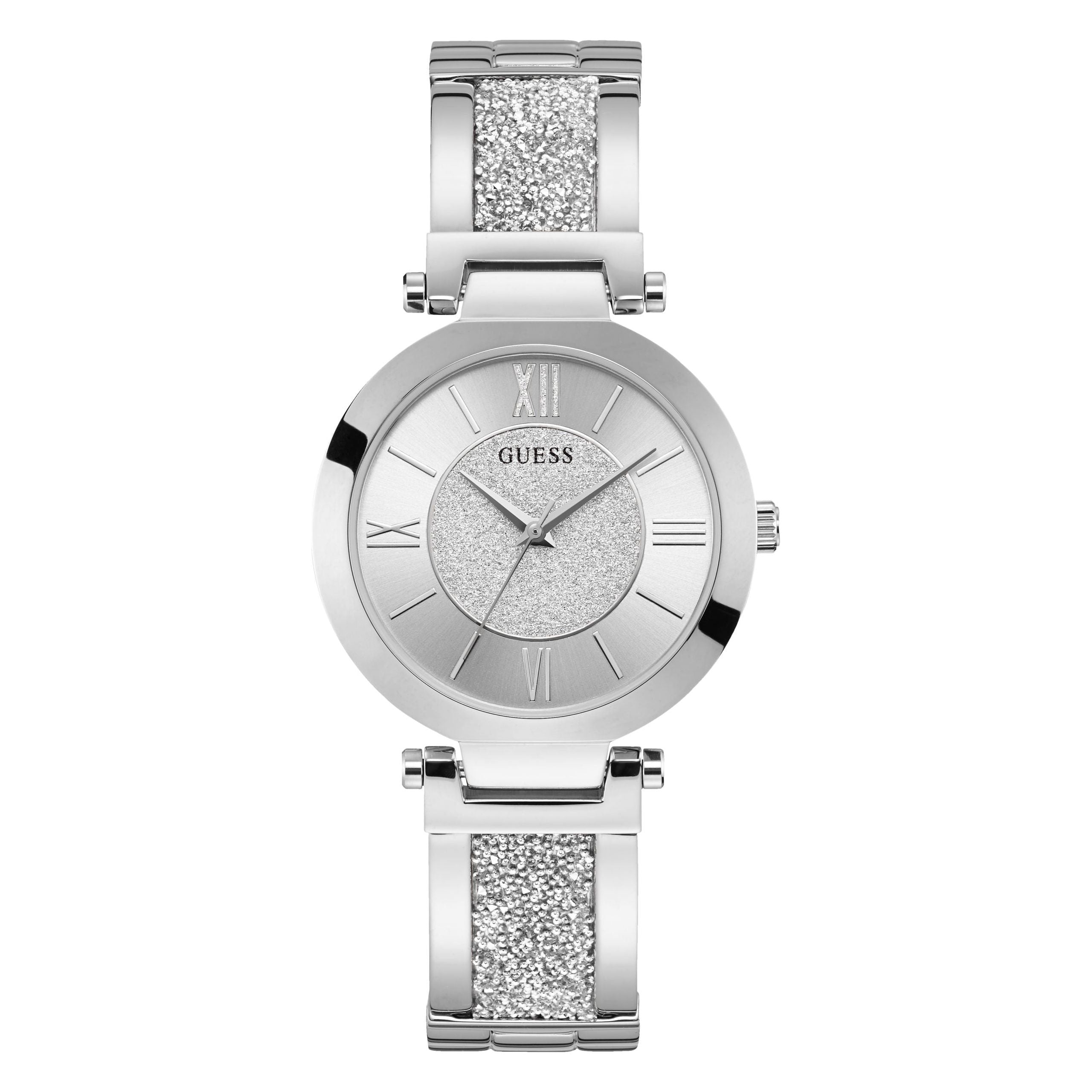 The Guess W1288L1 Ladies Aurora Silver Tone Watch features a round face with Roman numerals, a textured glittery center, and a metal band accented by matching glitter near the face for elegant style.