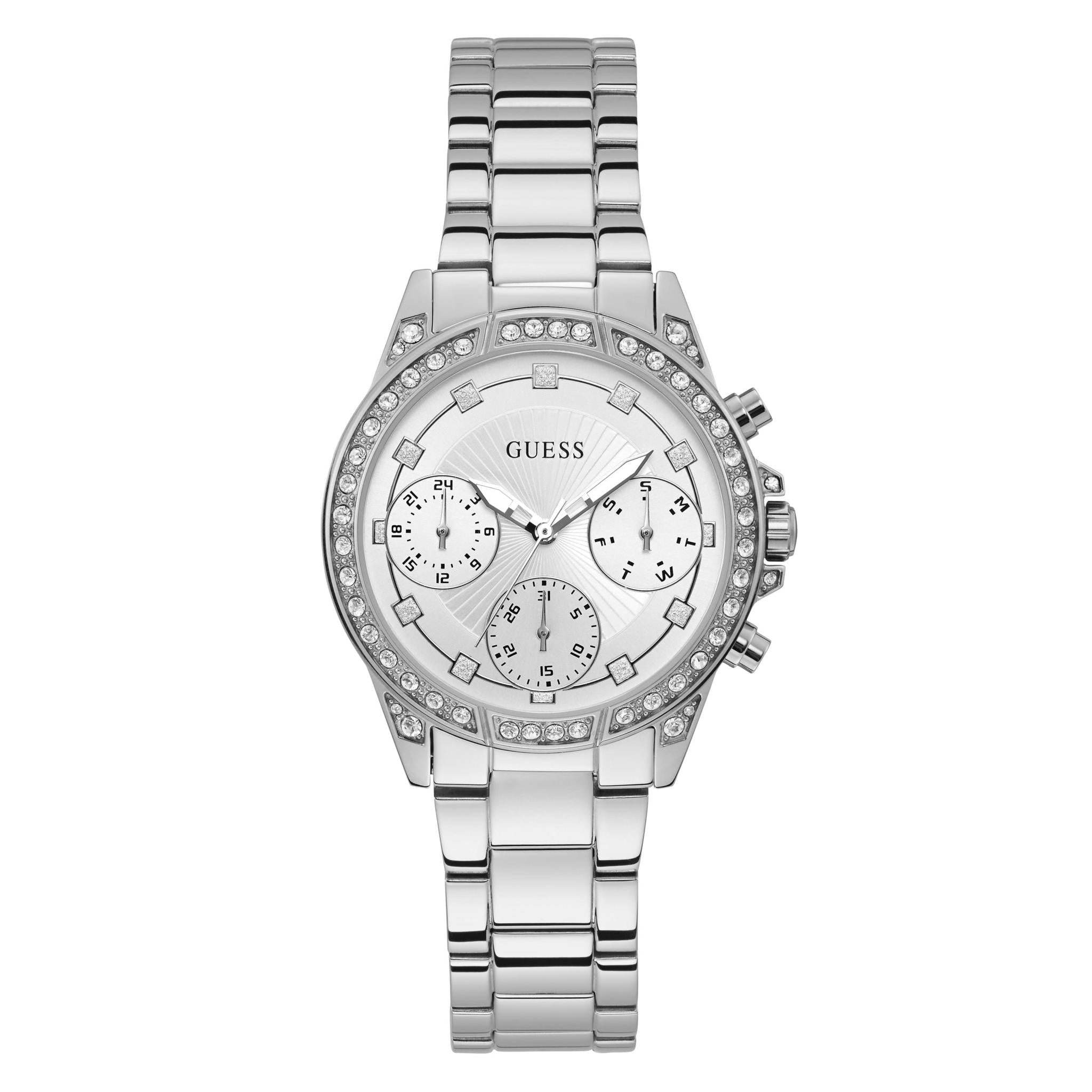 GUESS Ladies' Silver Tone Gemini Bracelet Watch W1293L1 features a metal band, three subdials, crystal-accented bezel, and the Guess logo on the dial.