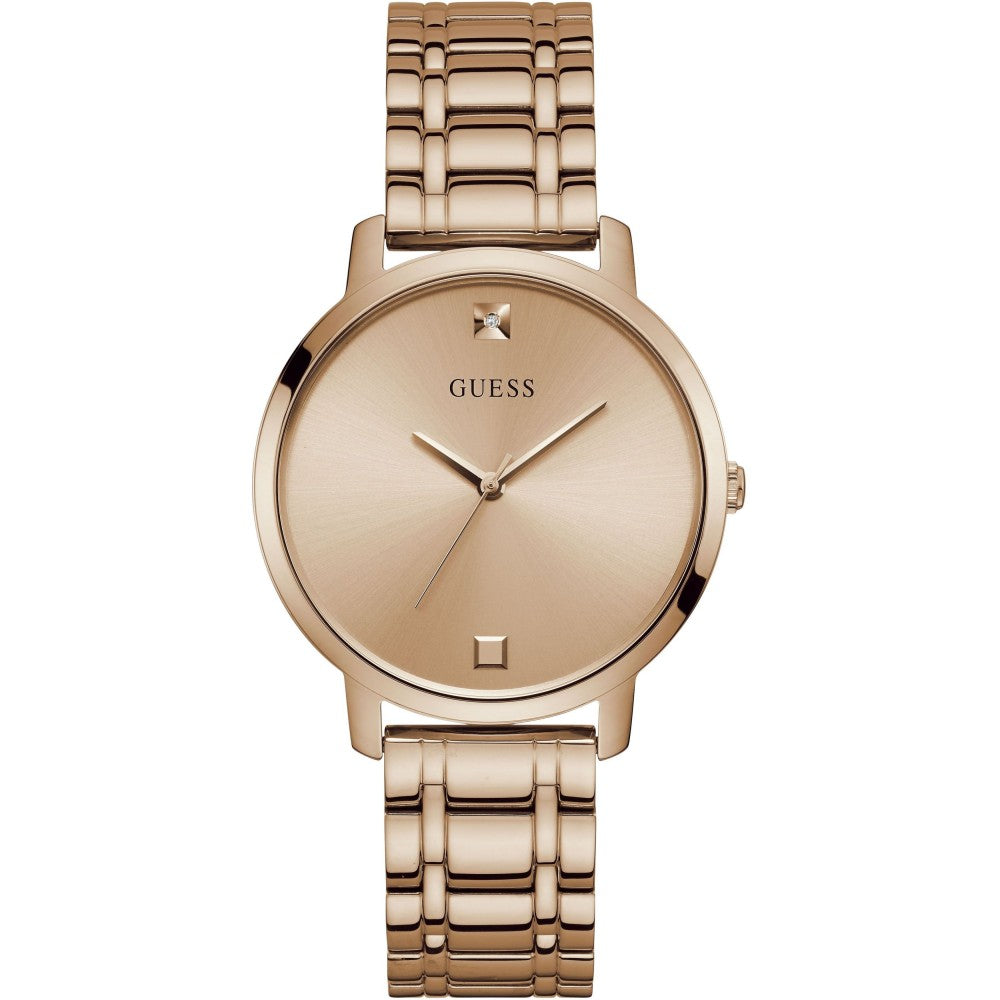 The Guess Ladies Nova Rose Tone Watch W1313L3 features a round face, minimalist design, and linked metal band with simple hour markers and three hands, offering understated elegance in stylish rose gold.
