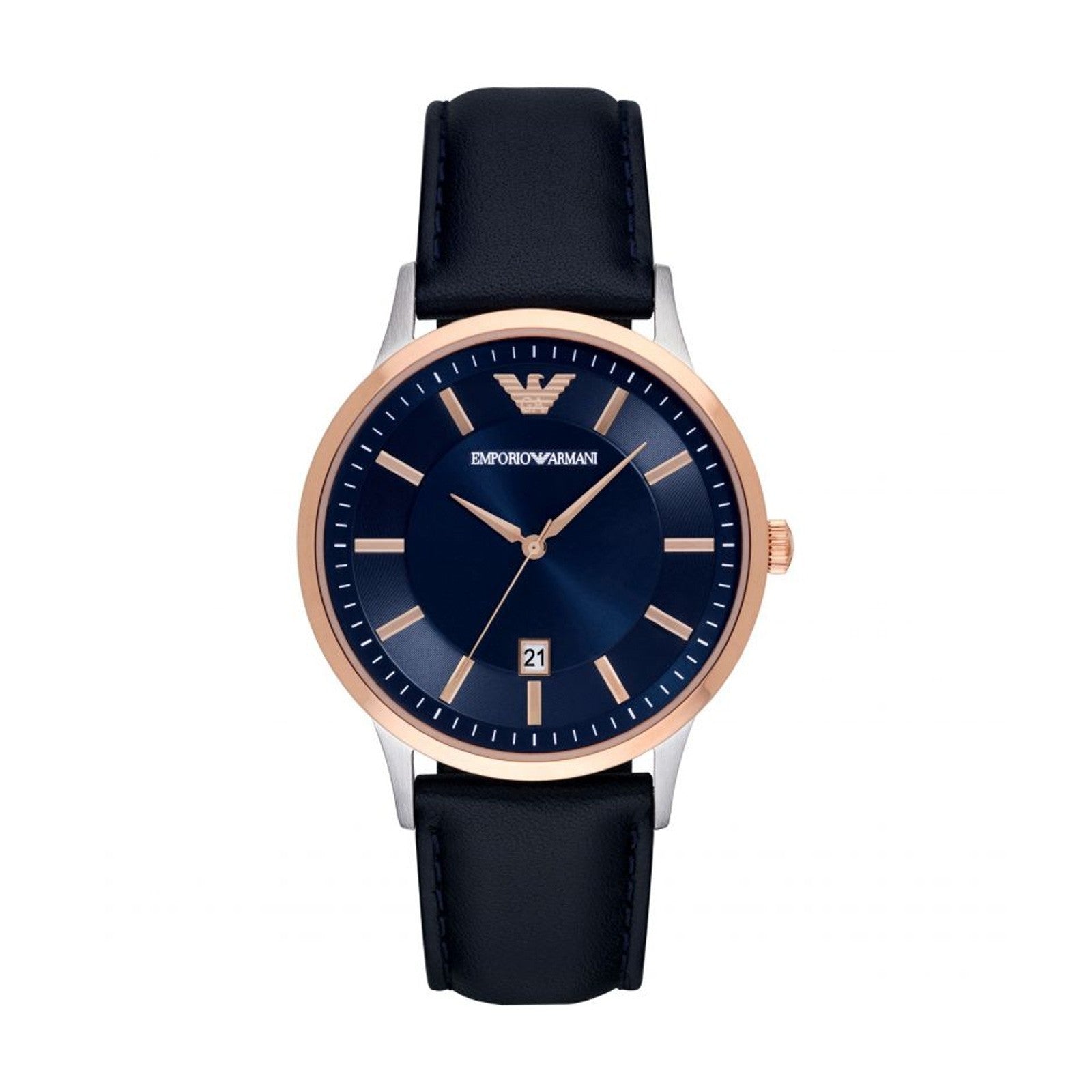 The Emporio Armani AR11188 is a men's watch with a blue dial, rose gold case, date display at 6 o'clock, and a black leather strap.