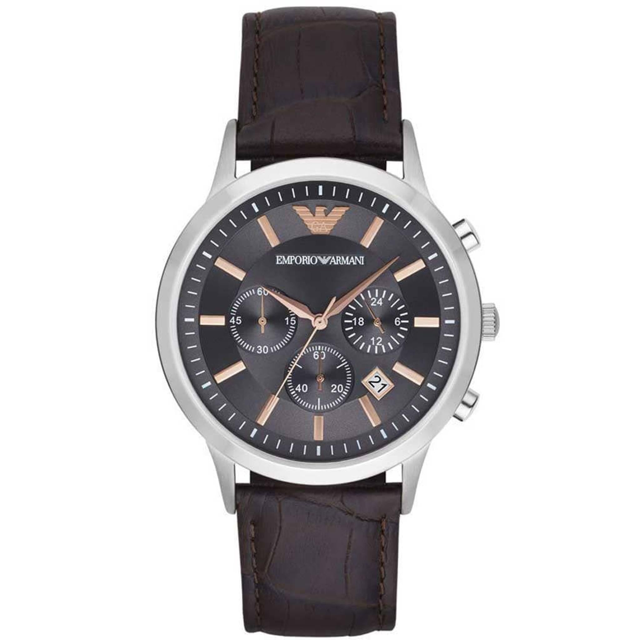The Emporio Armani AR2513 Men's Chronograph features a black and rose gold dial with subdials, date display, and a classic brown leather strap.