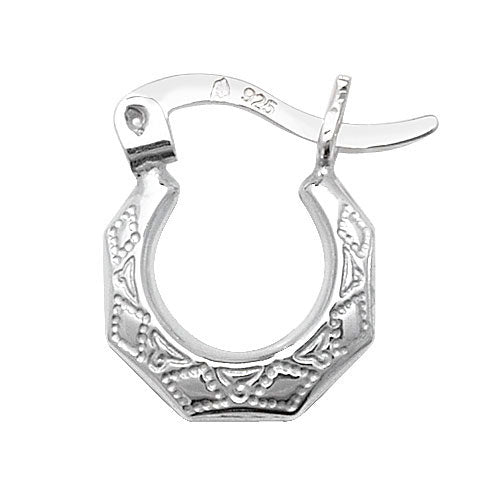 The STERLING SILVER BABY CREOLE EARRINGS feature a single ornate octagonal earring, 11mm x 14mm, with engraved patterns and a "925" stamped clasp indicating sterling silver.