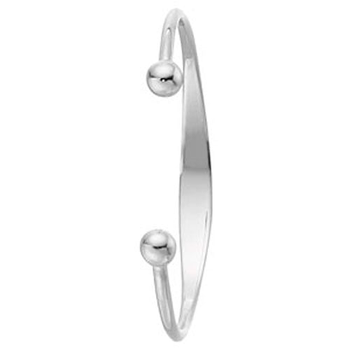 The STERLING SILVER BABY ID TORQUE BANGLE ENGRAVABLE is a minimalist open bangle with polished sphere ends, perfect for babies and ideal for custom engraving.
