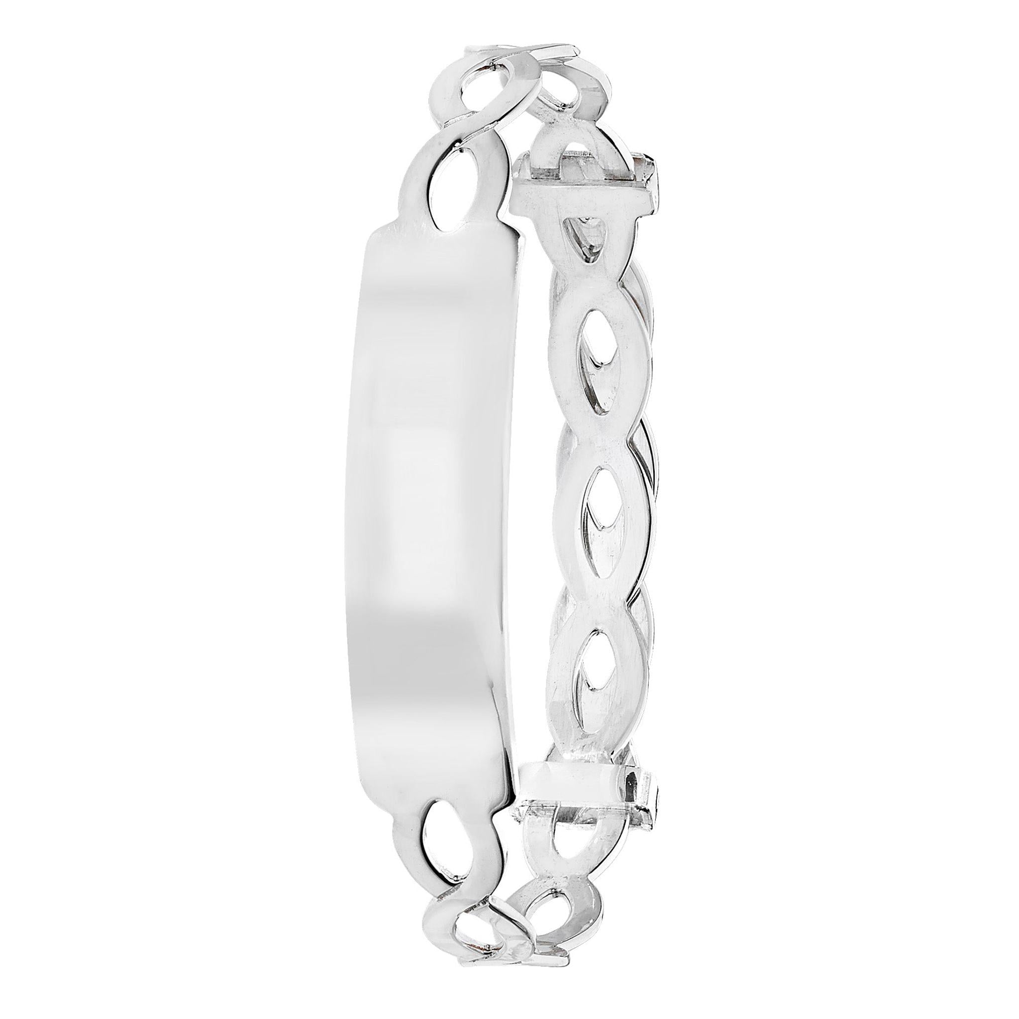 The STERLING SILVER BABY ID WEAVE EXPANDER BANGLE features a plain central plate with an intricate, interwoven link design—making it the perfect elegant baby bangle for special occasions.