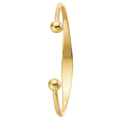 The 9CT GOLD BABY TORQUE ID BANGLE features a simple solid design with open ends tipped by small gold spheres—an ideal classic 9ct gold bangle for your little one.