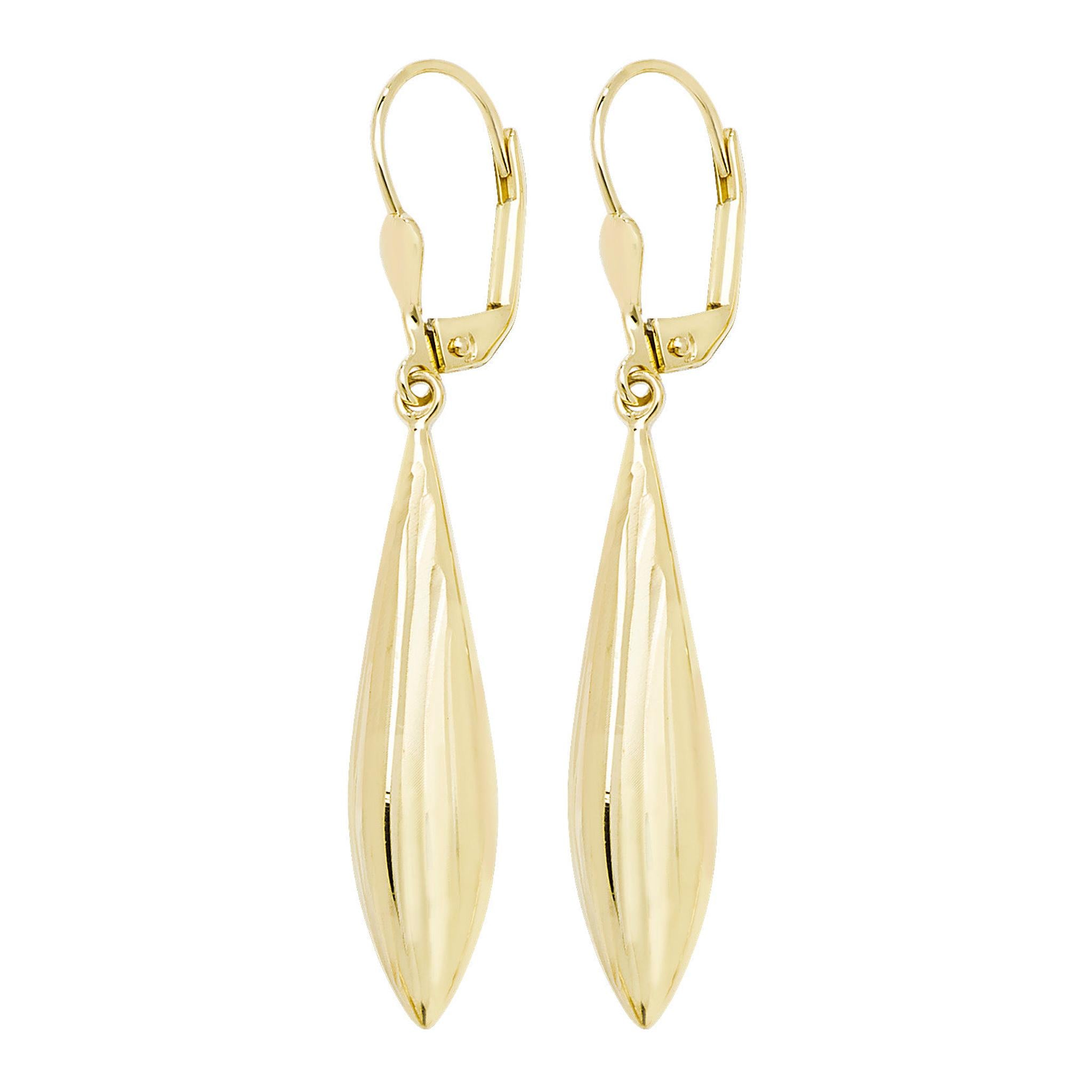 A pair of 9ct gold bomb drob continental wire drop earrings displayed elegantly against a white background.