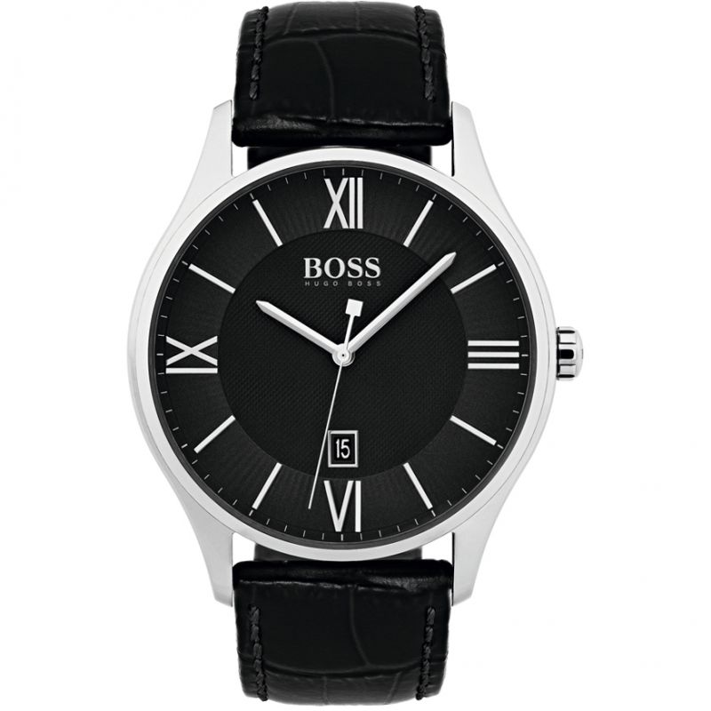 The Hugo Boss Mens Silver Tone Governor Classic Watch (1513485) features a black leather strap, round face, silver Roman numerals, and a date display at 6 o’clock.