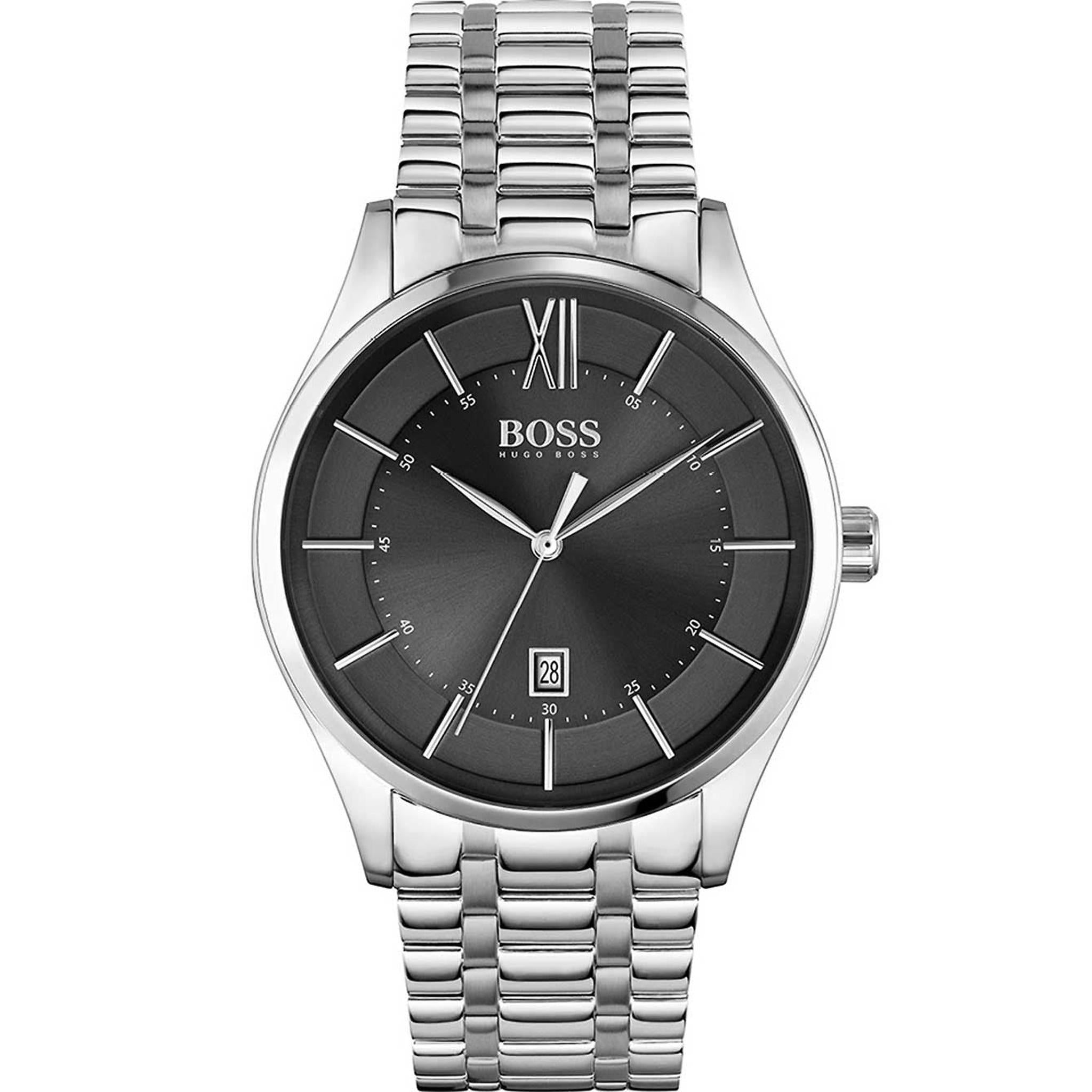 The Hugo Boss 1513797 Distinction Gents Silver Tone Watch features a black dial, silver hour markers, date display at 6 o'clock, and a sleek stainless steel link bracelet.