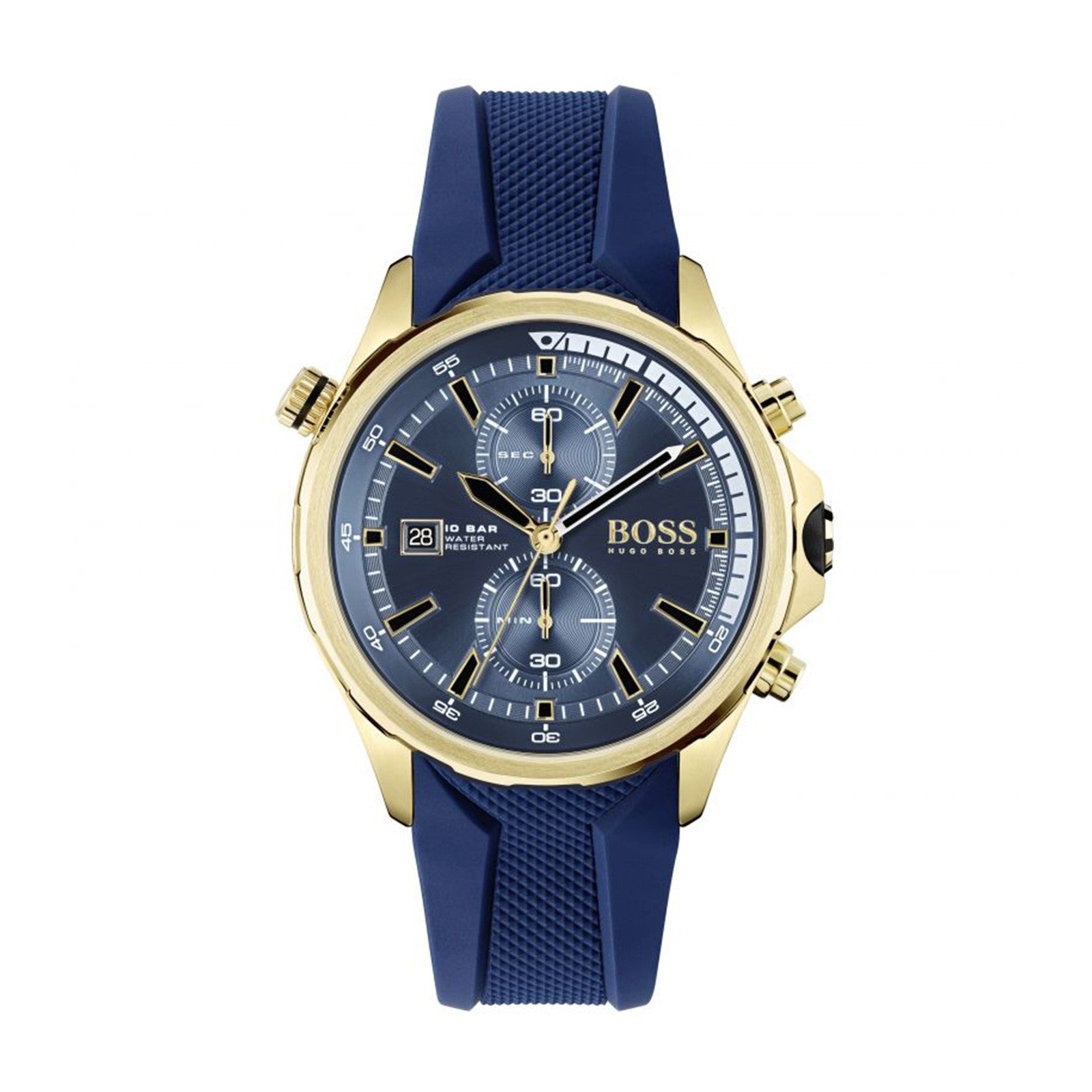 The HUGO BOSS 1513822 Men's Globetrotter Date Chronograph features a yellow gold stainless steel case, blue chronograph dial with three subdials and date display, plus a bold "BOSS" logo and blue textured silicone strap.