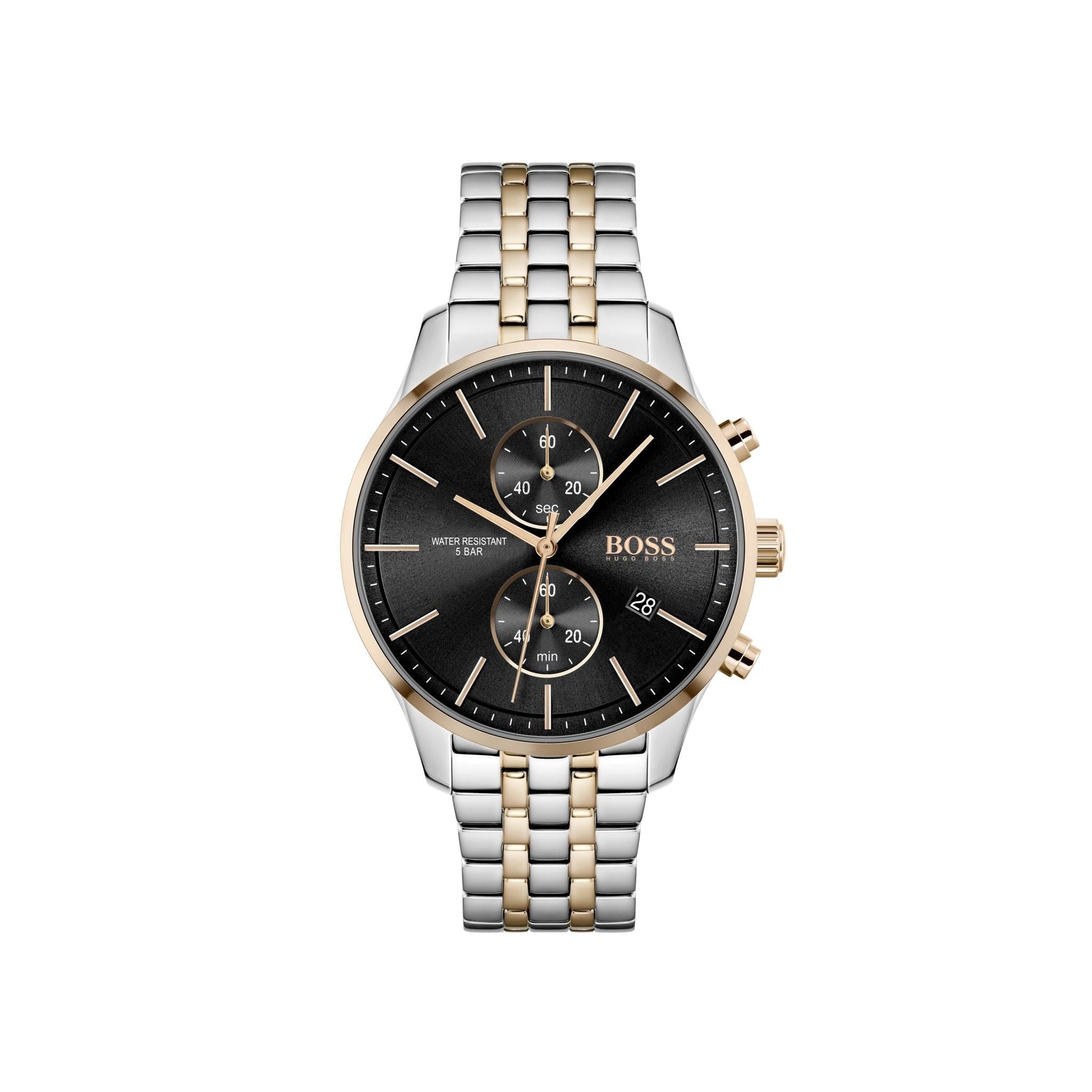 The Hugo Boss Associate 1513840 is a two-tone stainless steel chronograph watch featuring a silver and gold bracelet, black dial with three subdials, date display, gold-tone accents, and signature "BOSS" branding.