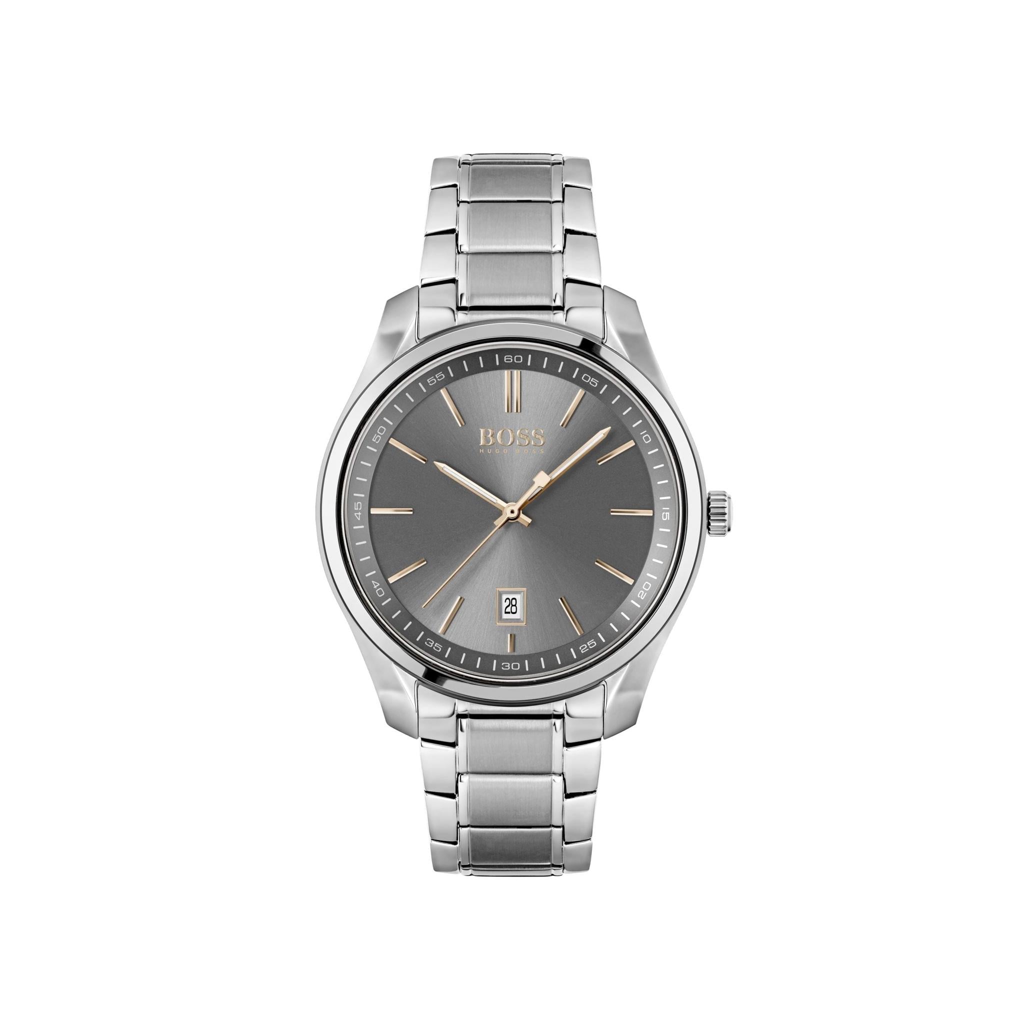 The Hugo Boss Gents 1513849 CIRCUIT features a stainless steel matt and polish case and bracelet, grey dial, rose gold markers, and a date display at the 6 o'clock position.