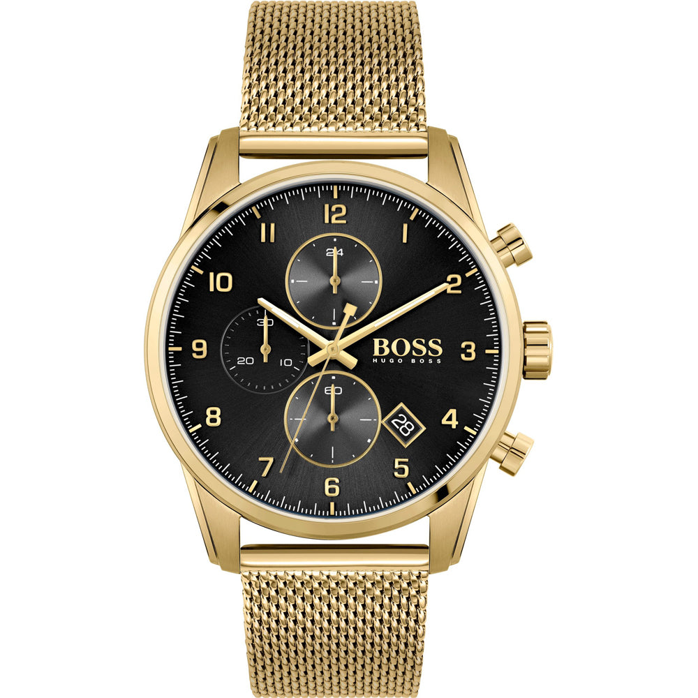 The Hugo Boss 1513838 Skymaster Gold Tone Watch features a black chronograph dial, date display, and a gold mesh bracelet, displayed from the front on a white background.
