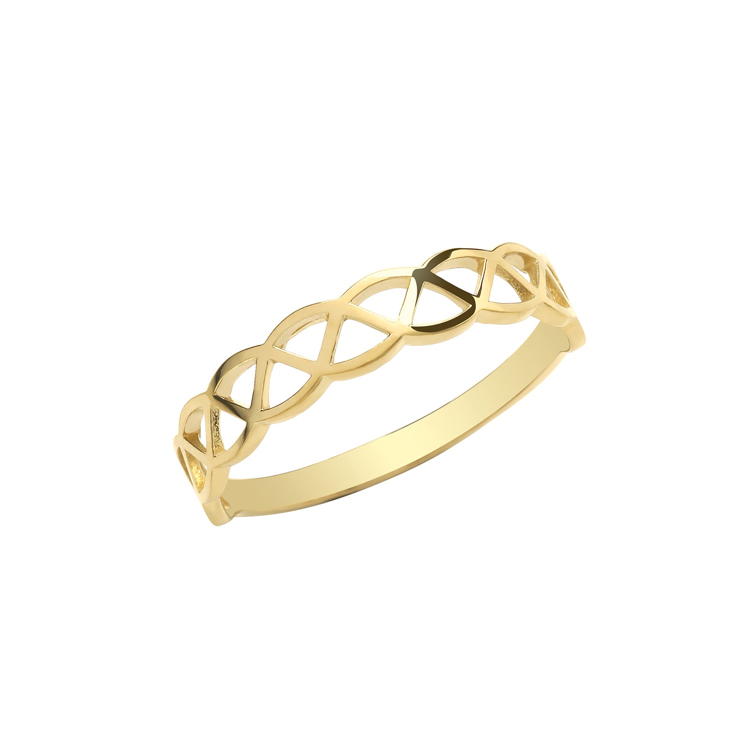 The 9ct Gold Celtic Band Style Ring features an openwork infinity symbol pattern along the band, crafted in 9ct yellow gold and shown against a white background.