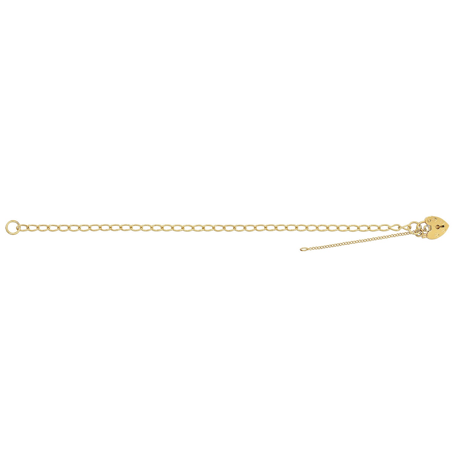 The 9ct Gold Traditional Charm Bracelet with Padlock features a stylish padlock clasp and is perfect for adding length or pairing with your favorite safety chain.