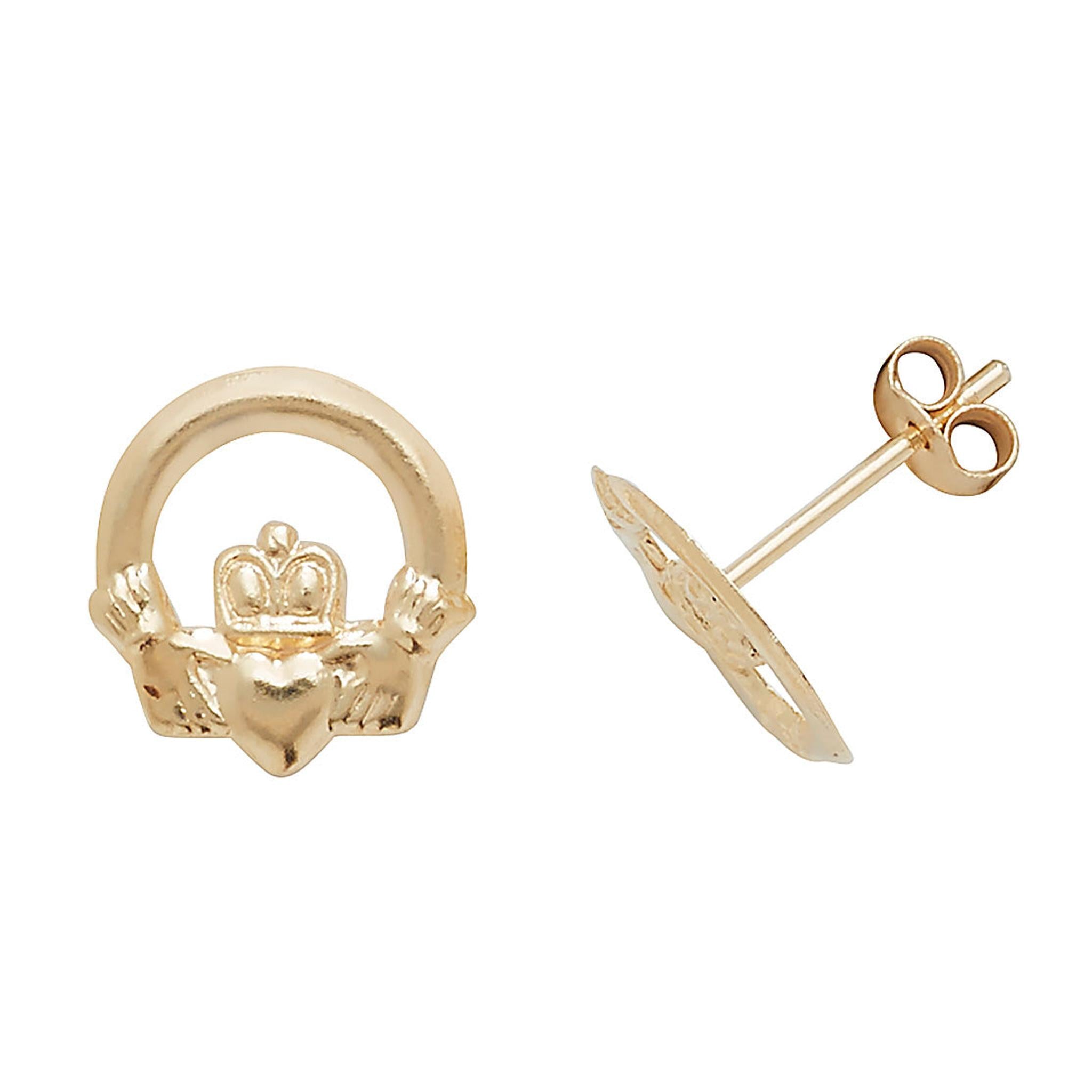 The 9CT GOLD IRISH CLADDAGH STUD EARRING features hands holding a heart topped with a crown, crafted in 9ct yellow gold.