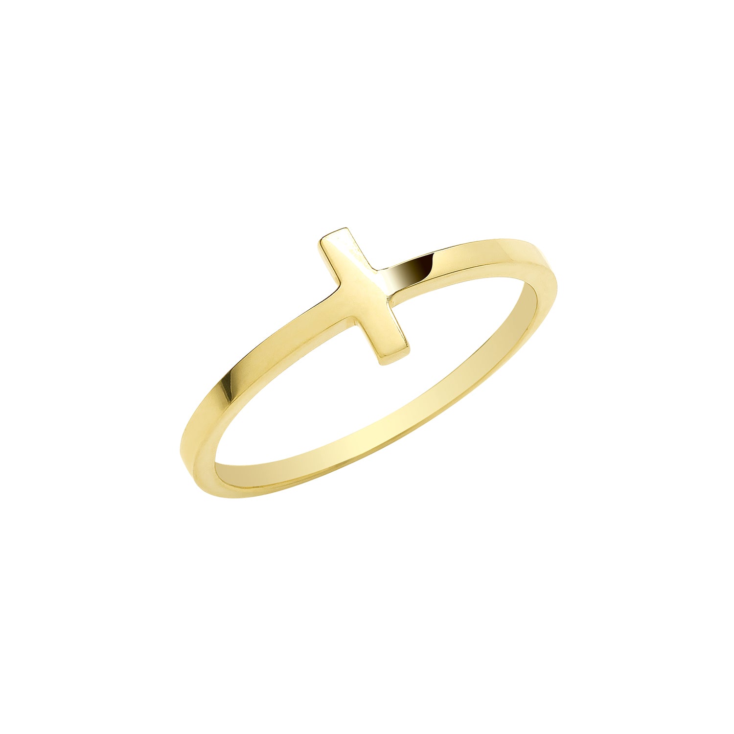 The 9CT GOLD CROSS RING features a slim band with a simple horizontal cross design at its center.
