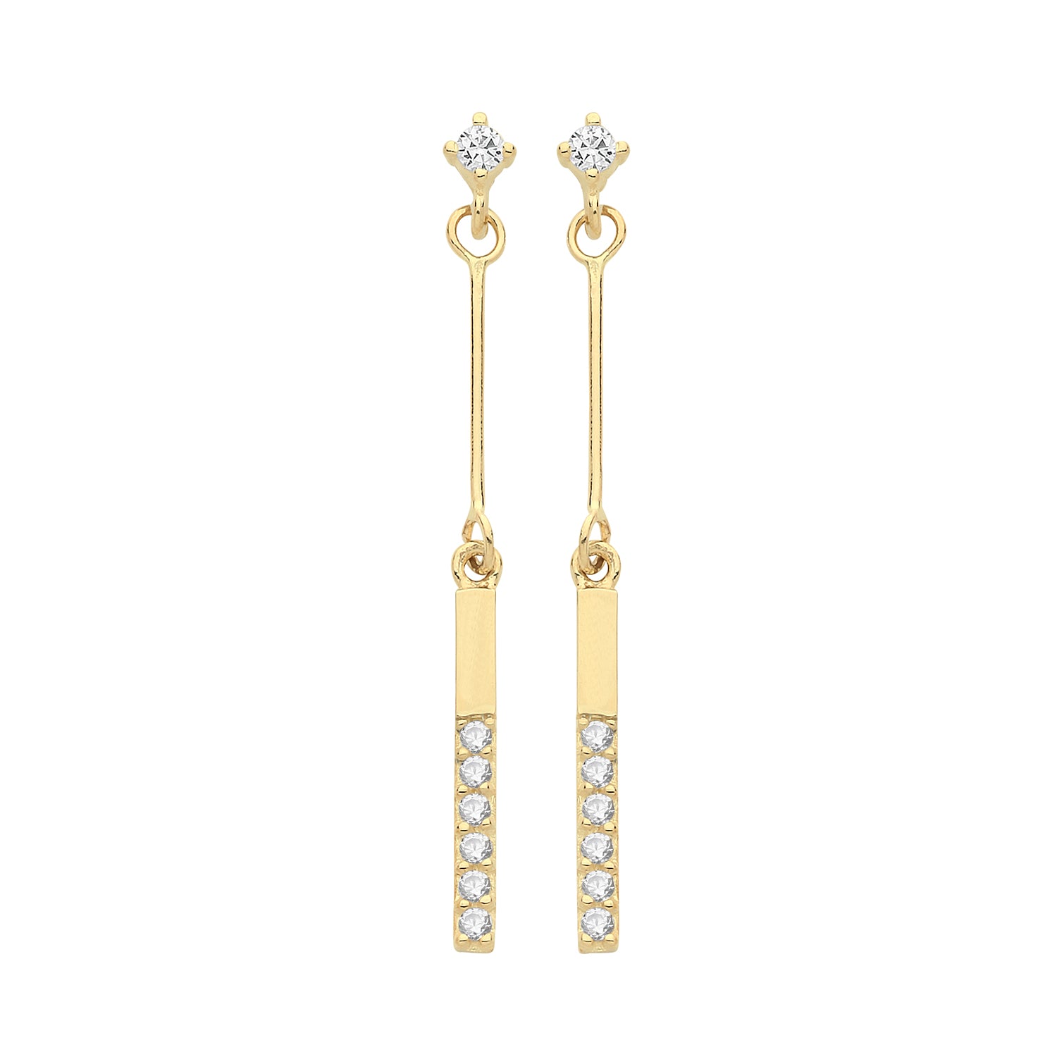 9CT GOLD CUBIC ZIRCONIA SET BAR DROP EARRINGS feature vertical gold bars adorned with sparkling CZ stones and a single round CZ at the post—a refined, elegant choice for any occasion.