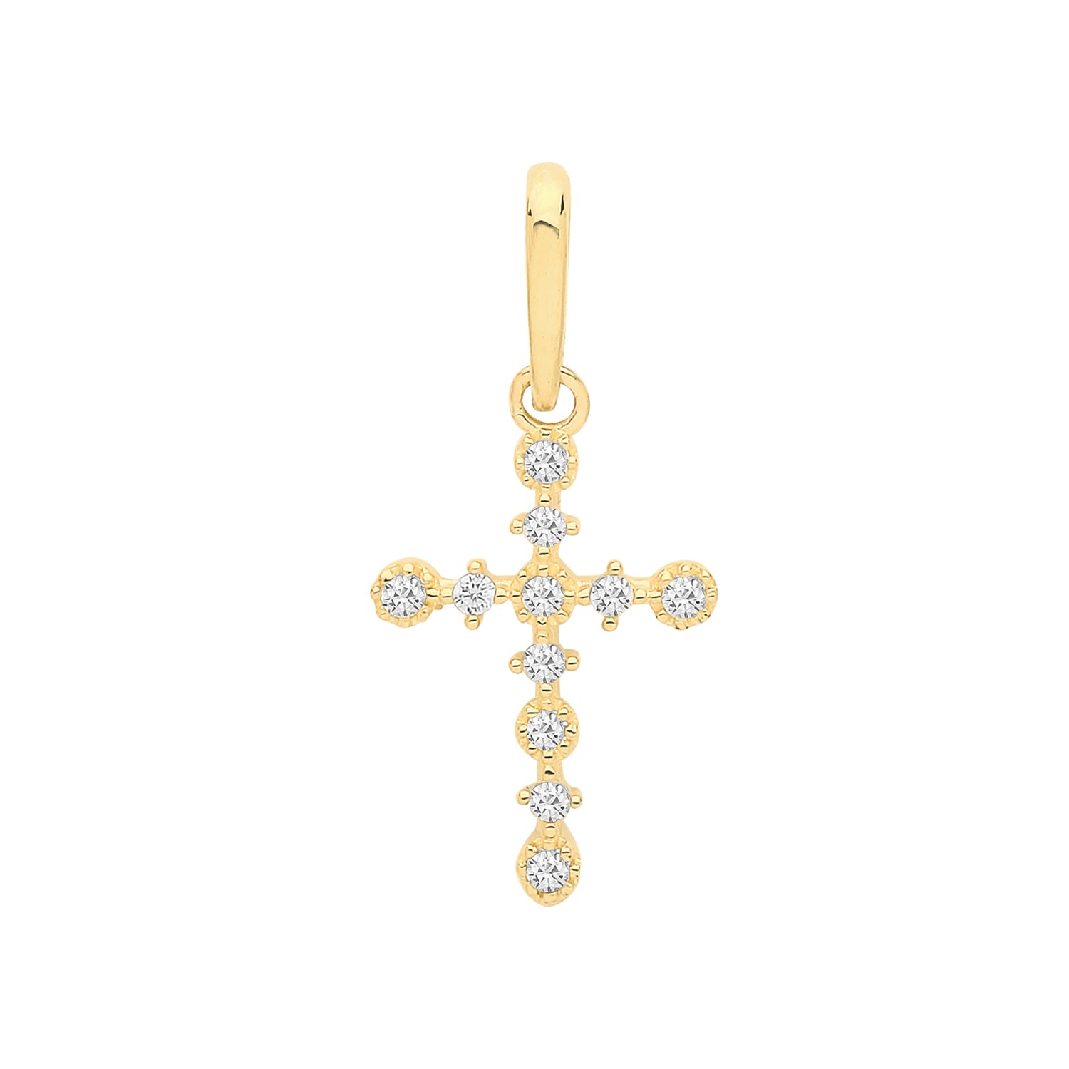 9ct gold cross pendant adorned with small round cubic zirconia stones, featuring a simple gold bail for timeless elegance.