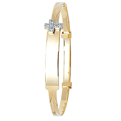 9ct gold baby expander bangle with an ID plate, ideal for engraving, features a CZ cross detail on the side.