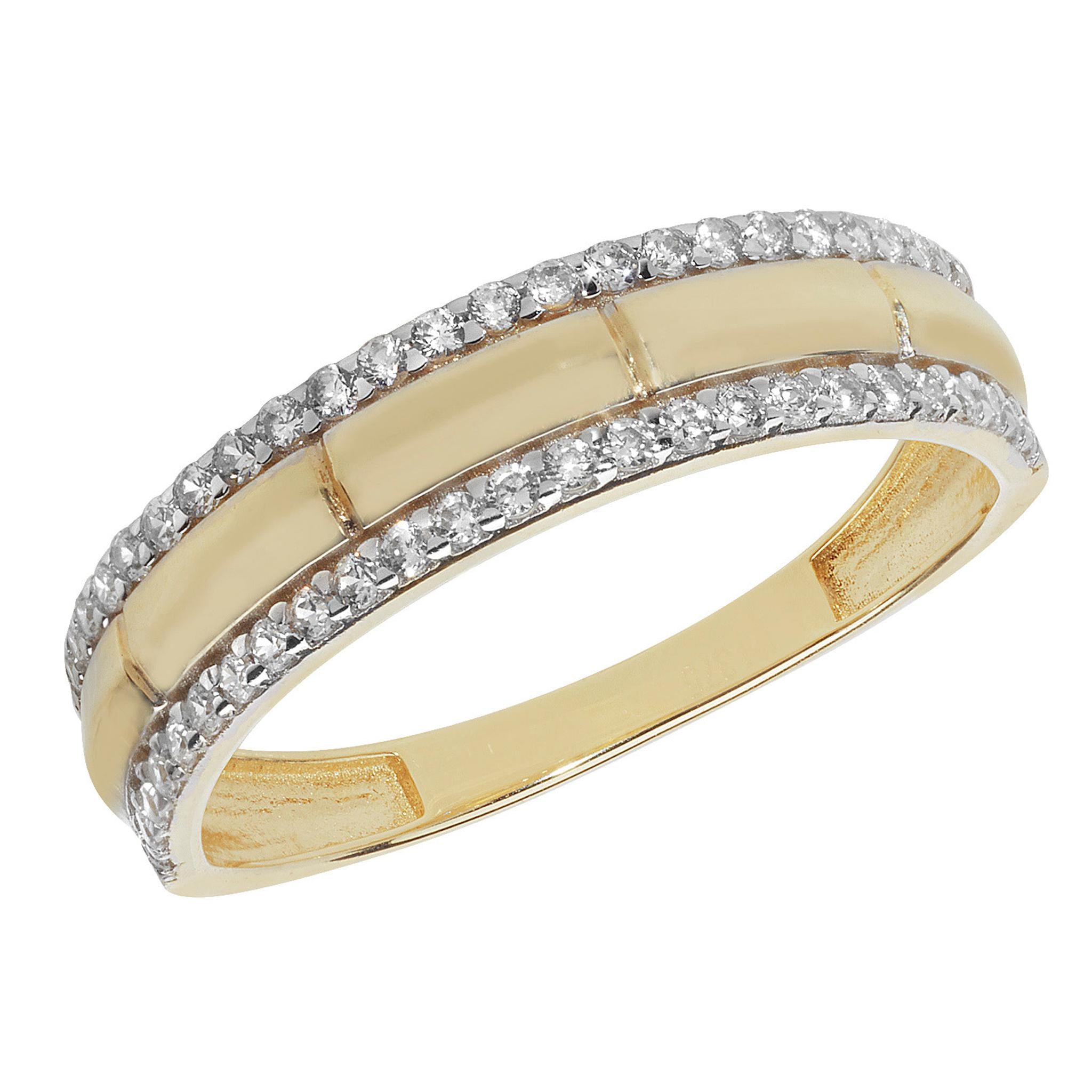The 9CT GOLD LADIES CUBIC ZIRCONIA EDGE SET BAND showcases a sleek central band bordered by two rows of dazzling cubic zirconia along the edges.
