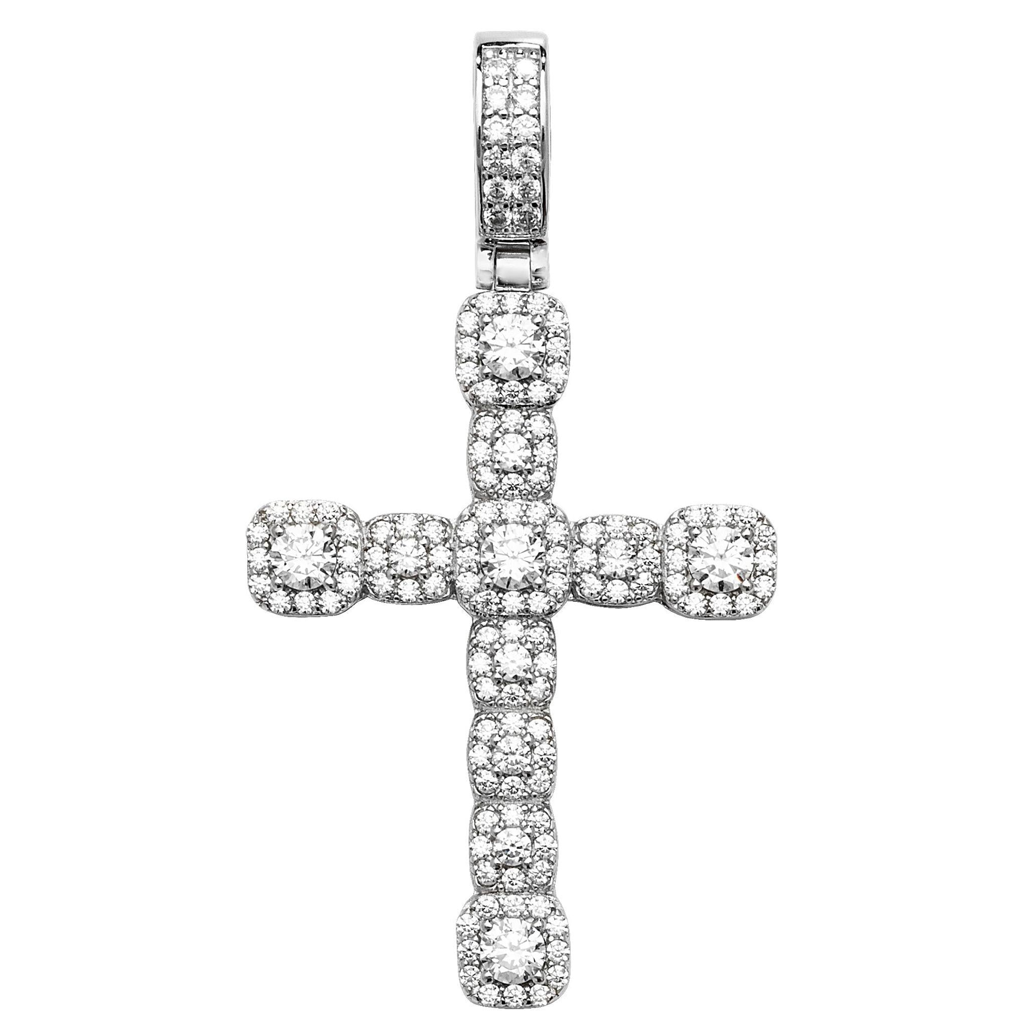 The STERLING SILVER LADIES CUBIC ZIRCONIA HALO CLUSTERS CROSS PENDANT features sparkling halo clusters of cubic zirconia set in sterling silver, creating a brilliant, eye-catching shine with its stylish cross design.