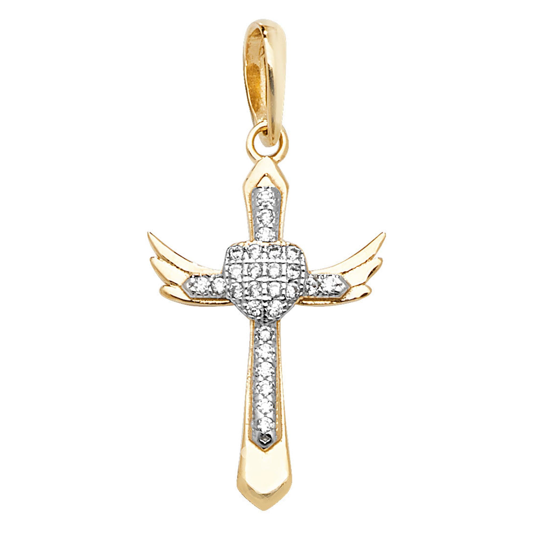 The 9ct GOLD CZ HEART/ANGEL WINGS CROSS pendant features sparkling cubic zirconia, angel wings, a heart motif, and a gold bail for easy attachment.