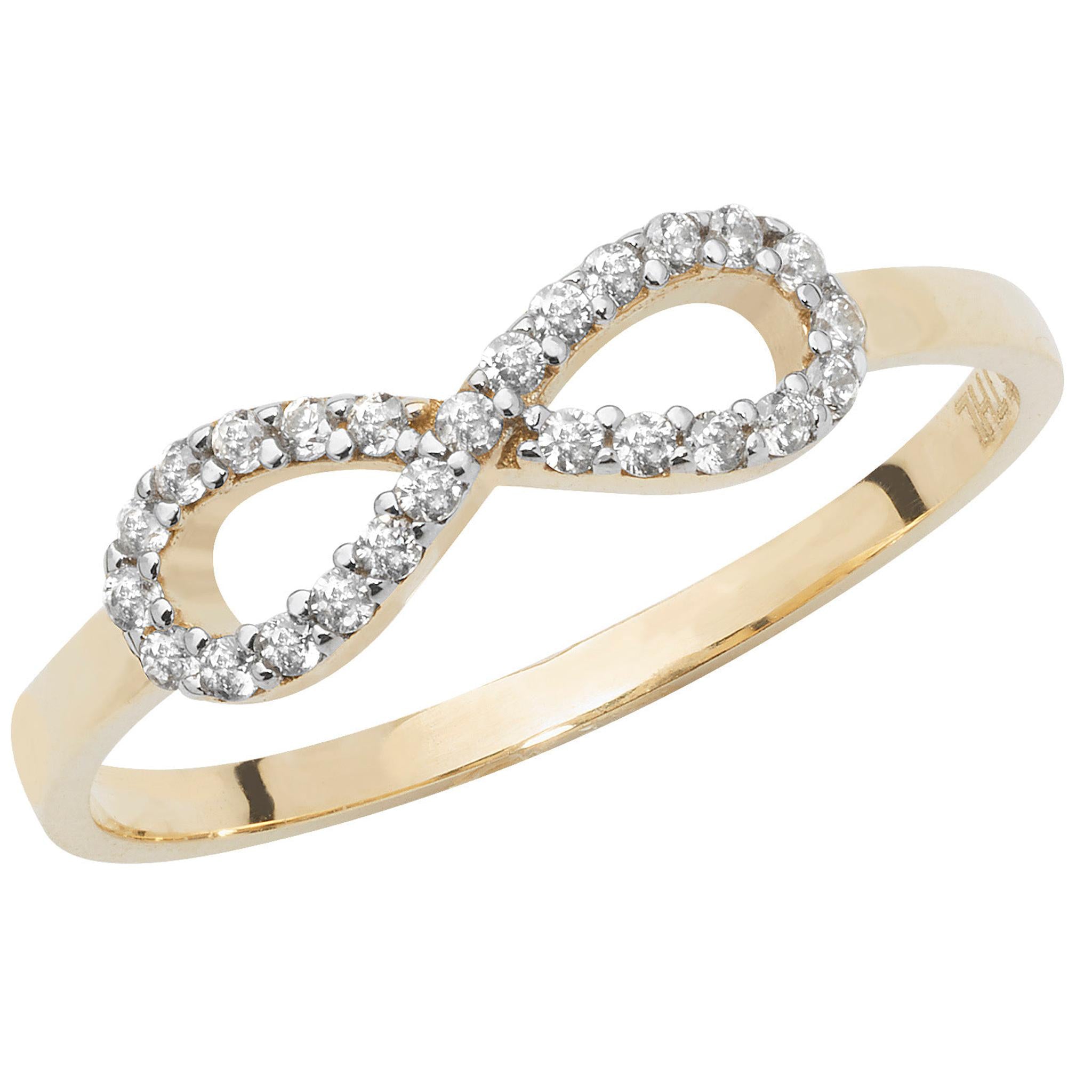 The 9CT YELLOW GOLD CZ INFINITY RING features a stunning infinity symbol on top, adorned with sparkling clear cubic zirconia gemstones.