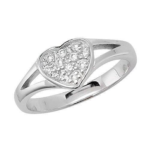 The STERLING SILVER CHILDREN'S CUBIC ZIRCONIA PAVE HEART RING features a heart-shaped design with sparkling stones on the band, making it a charming jewelry piece for kids.